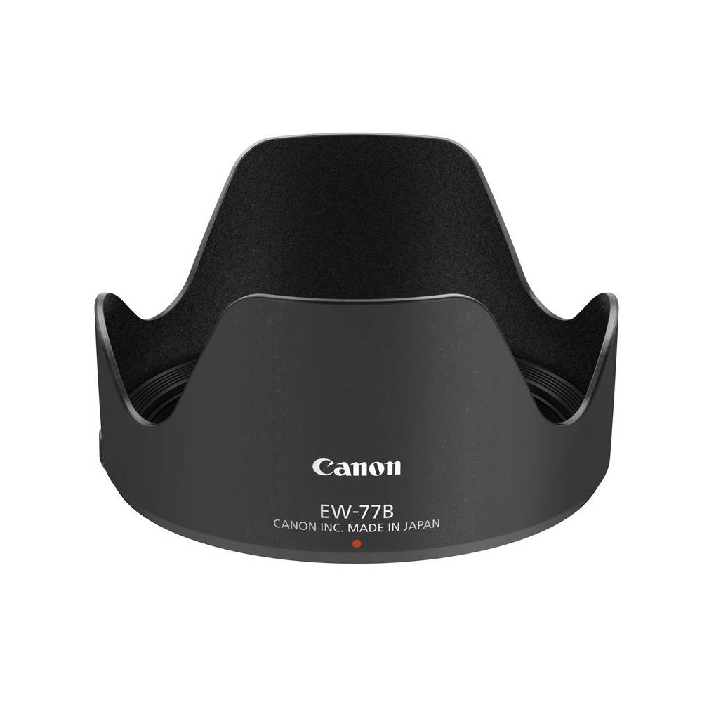 Czarna osłona przeciwsłoneczna obiektywu Canon EW-77B. Widoczne logo Canon i informacje o produkcie. Na białym tle.