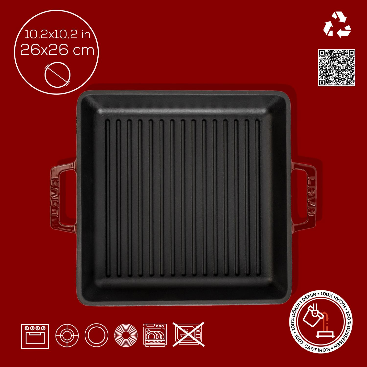 LAVA Kare Döküm Demir Yekpare Çift Kulplu Ölçü 26x26 cm Izgara Tava Bordo