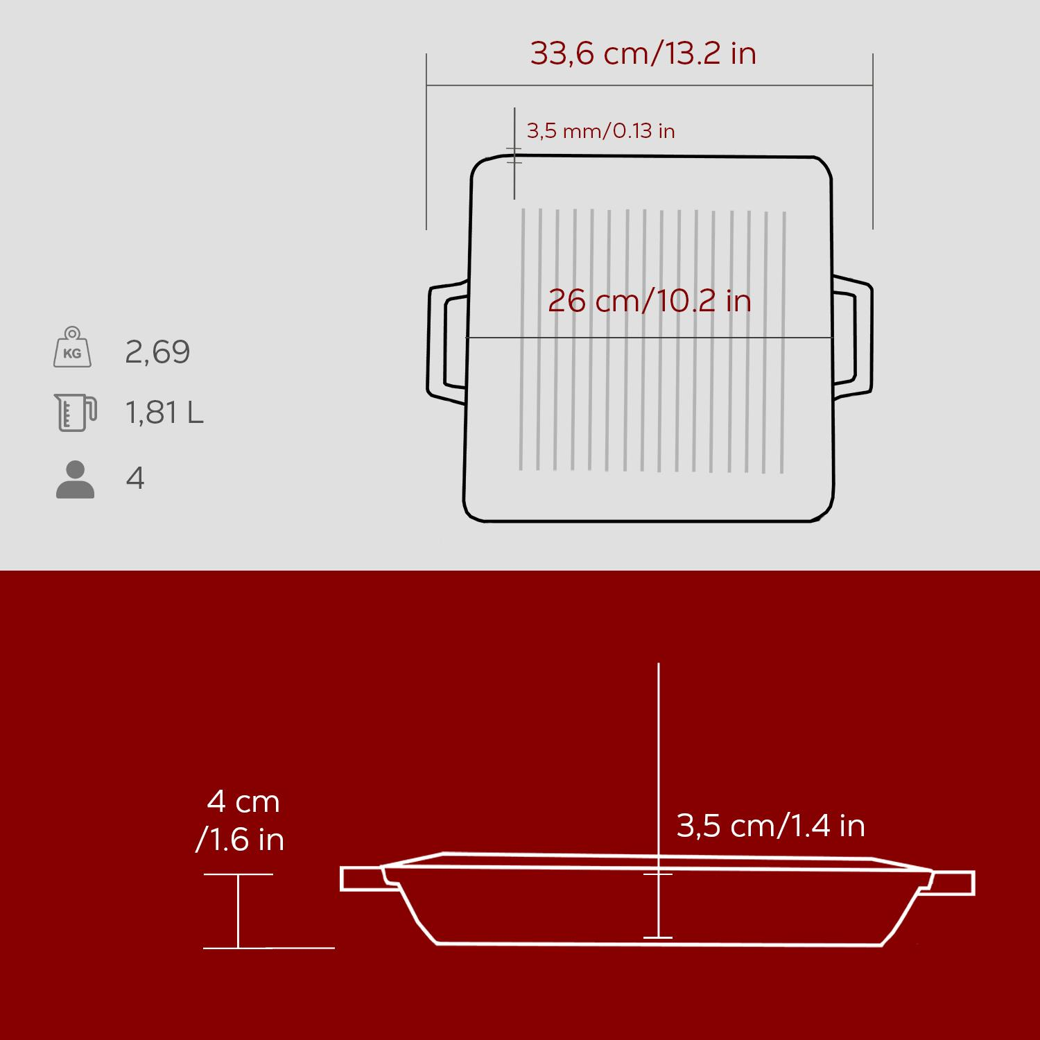 Boyutları, ağırlığı (2,69 kg), hacmi (1,81 L) ve kapasitesi (4 porsiyon) gösterilen kare bir tava diyagramı.
