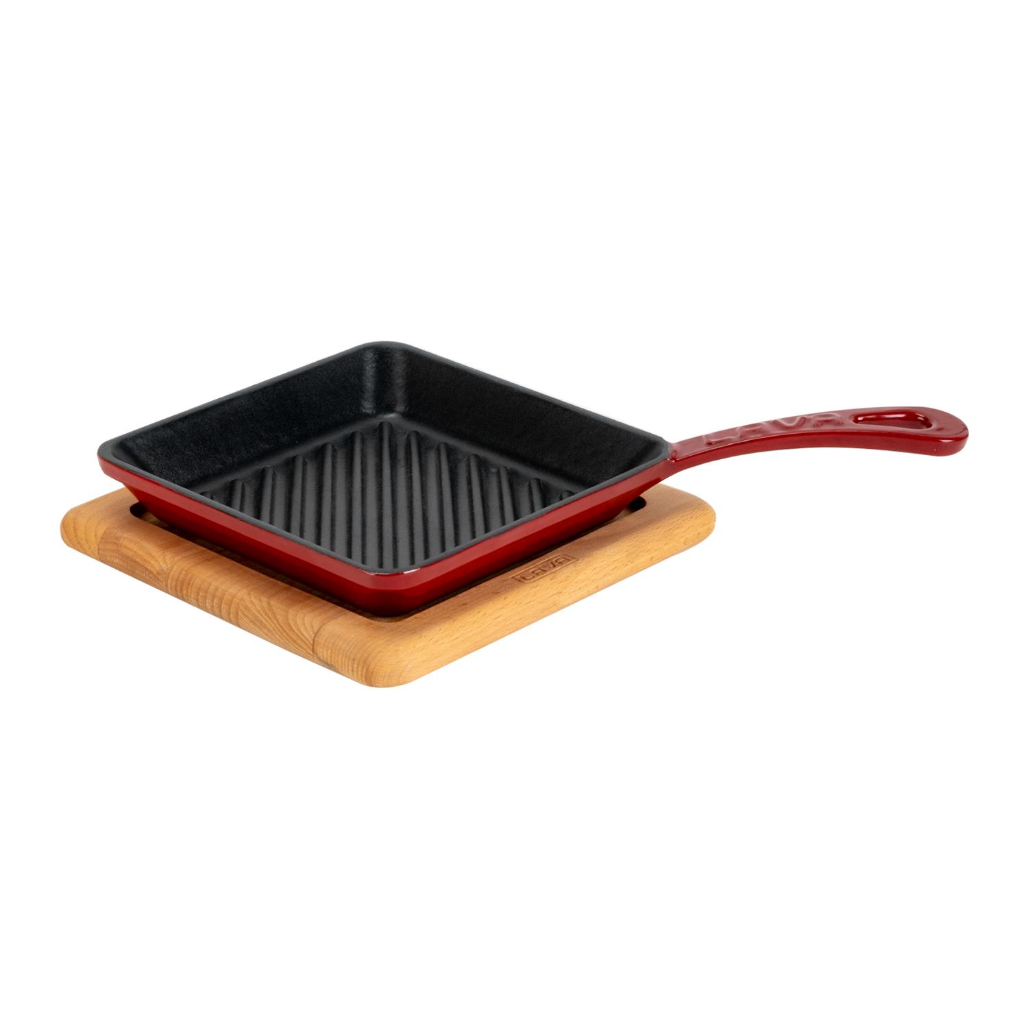 LAVA Mini Kare Kayın Ahşap Altlıklı Döküm Demir Yekpare Saplı Ölçü 16x16 cm Izgara Tava Bordo