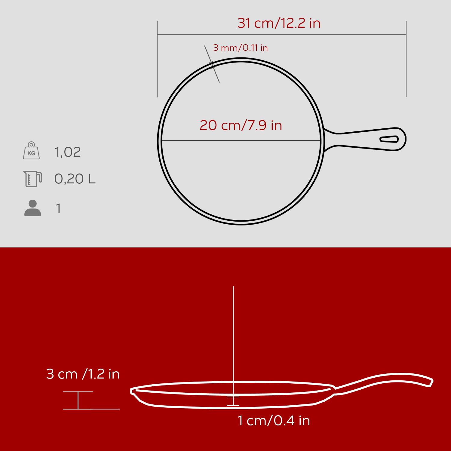 Boyutları ve özellikleri ile bir tava diyagramı: 31cm çap, 3mm kalınlık, 20cm iç çap, 1,02 kg ağırlık, 0,20 L hacim.