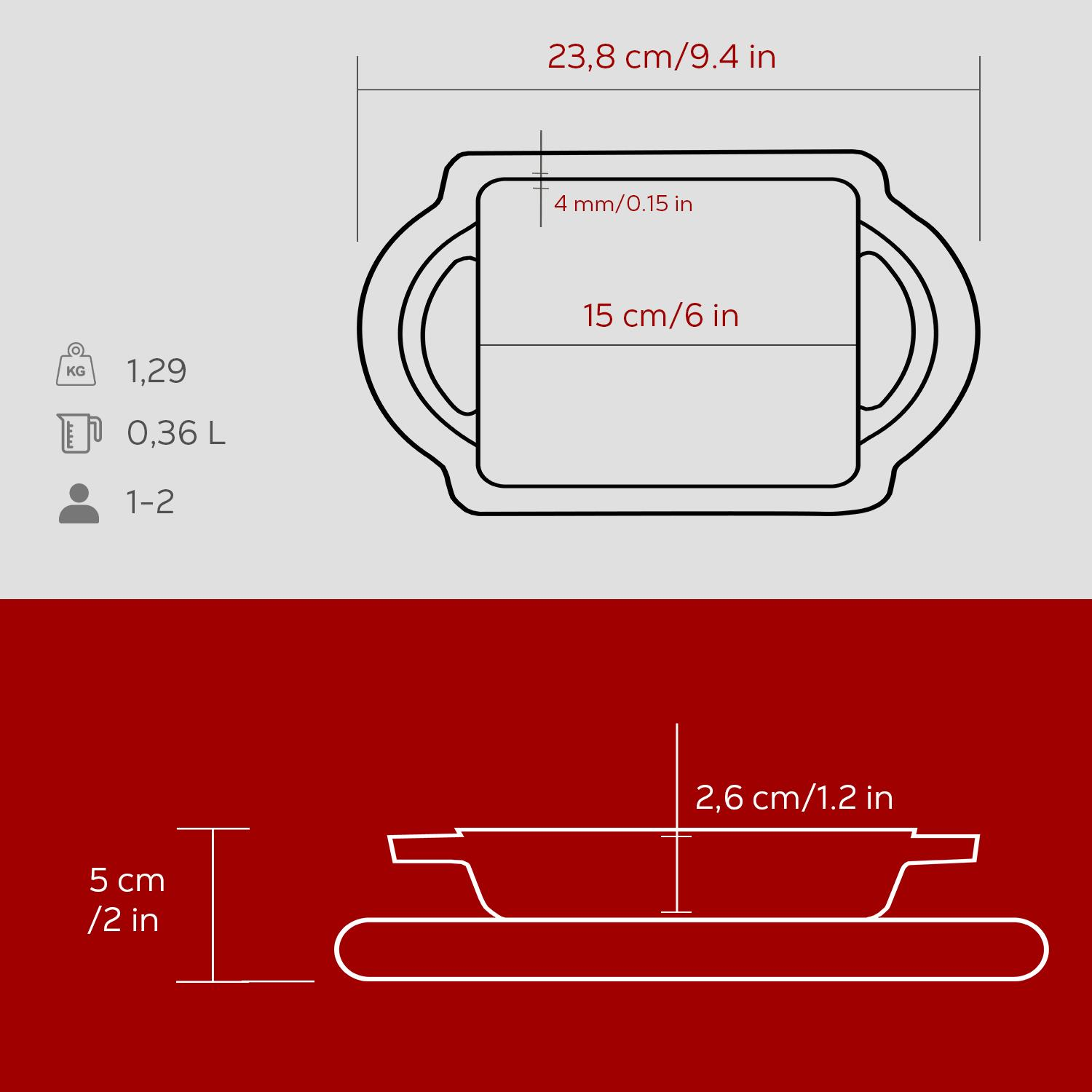 Boyutları: 23,8 cm, 15 cm, 5 cm ve 2,6 cm olan bir tavanın diyagramı. 1-2 porsiyon için hacim, ağırlık ve kapasiteyi gösterir.