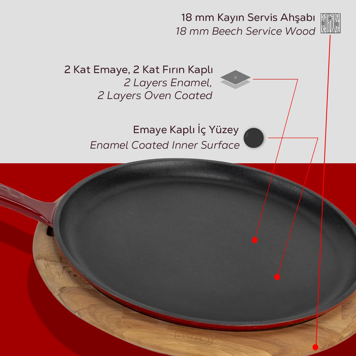 Kırmızı saplı siyah bir tava, ahşap tahta üzerinde duruyor. Metin, emaye kaplama ve kayın ağacı gibi özellikleri açıklıyor.