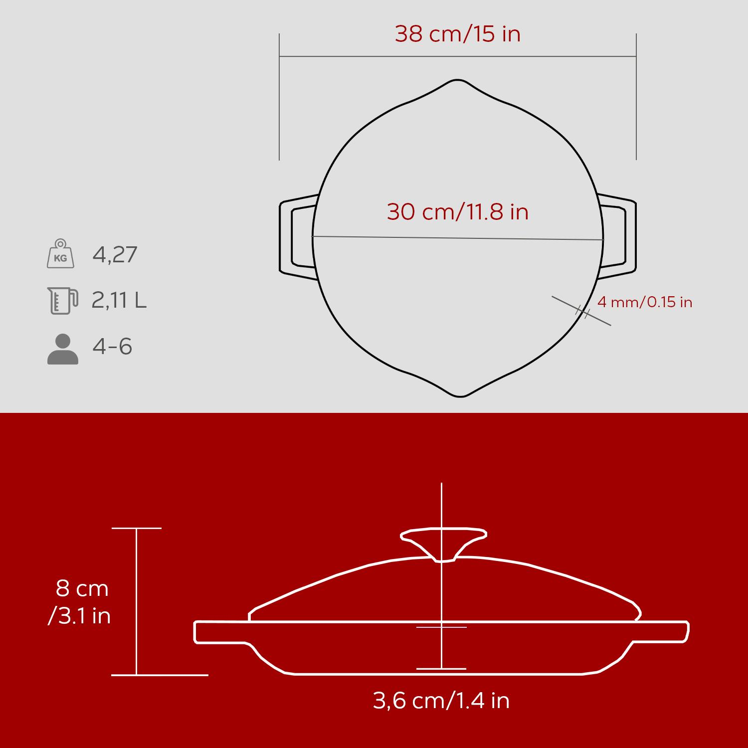 Ölçüleri olan bir tencerenin diyagramı: 38 cm/15 inç, 30 cm/11,8 inç, 4 mm/0,15 inç, 8 cm/3,1 inç, 3,6 cm/1,4 inç ve ağırlığı 4,27 kg, kapasitesi 2,11 L, 4-6 kişilik.