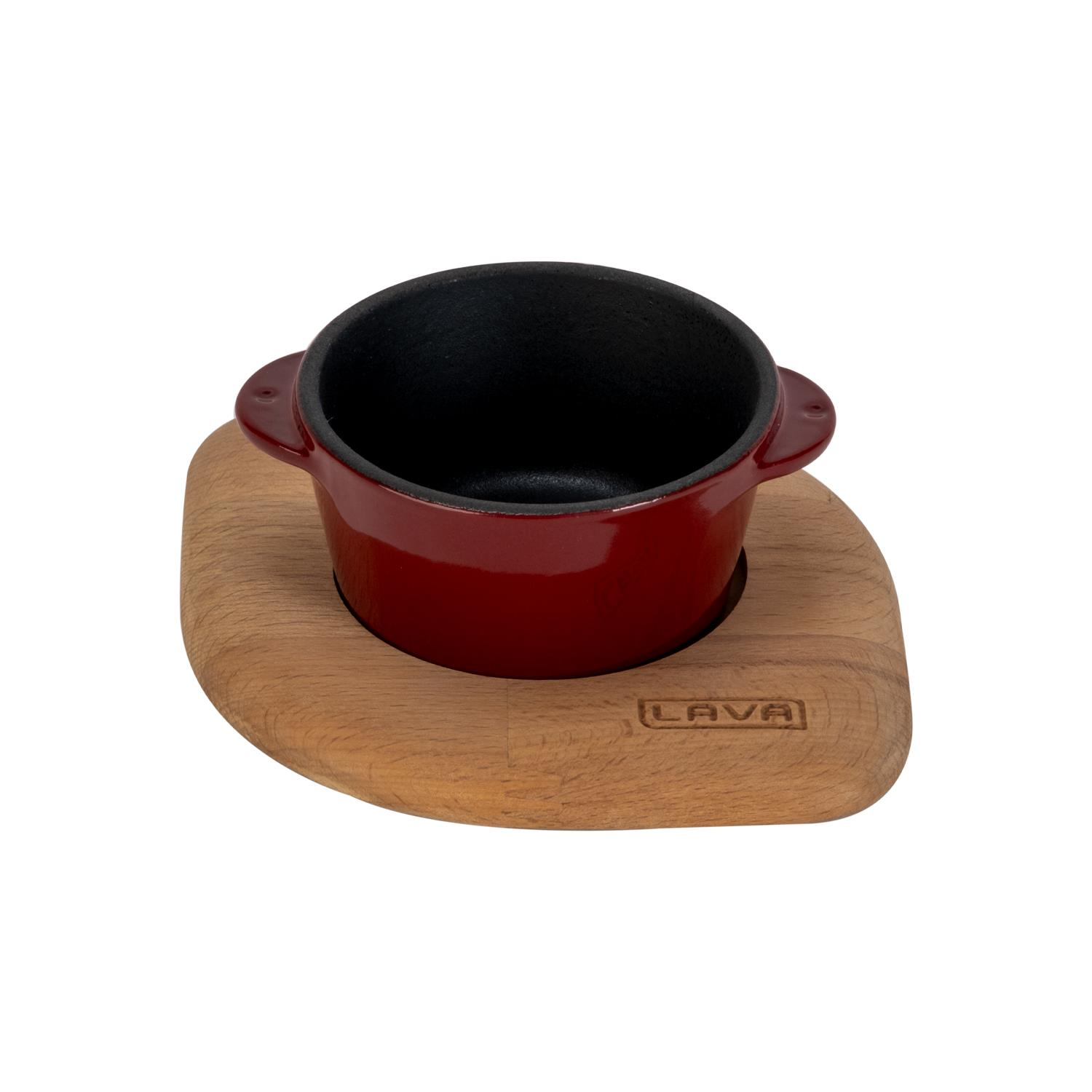 LAVA Döküm Yuvarlak Sufle-Sos Kabı ve Ahşap Altlığı. Çap 8 cm Tencere Bordo