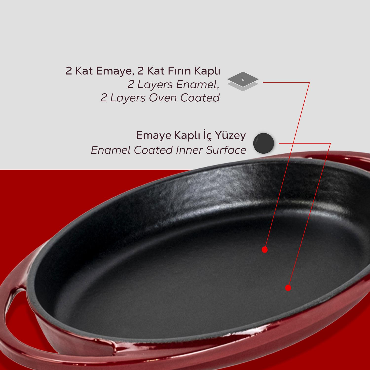Siyah içli, koyu kırmızı oval güveç. Metin, emaye ve fırın kaplamasını açıklamaktadır.