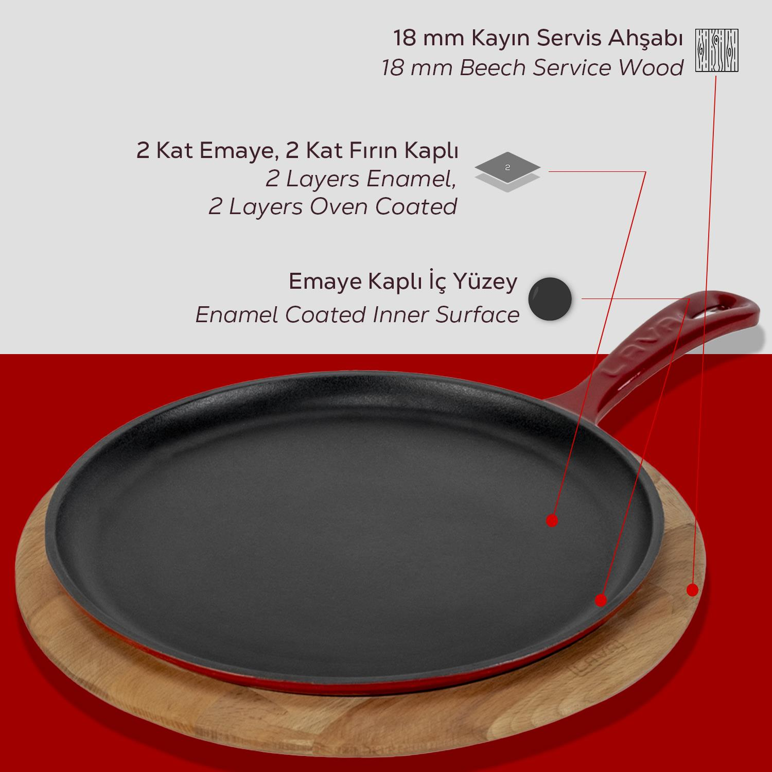 Kırmızı saplı, ahşap tahta üzerinde siyah bir tava. Emaye kaplama ve kayın ağacı hakkında bilgi verilmektedir.