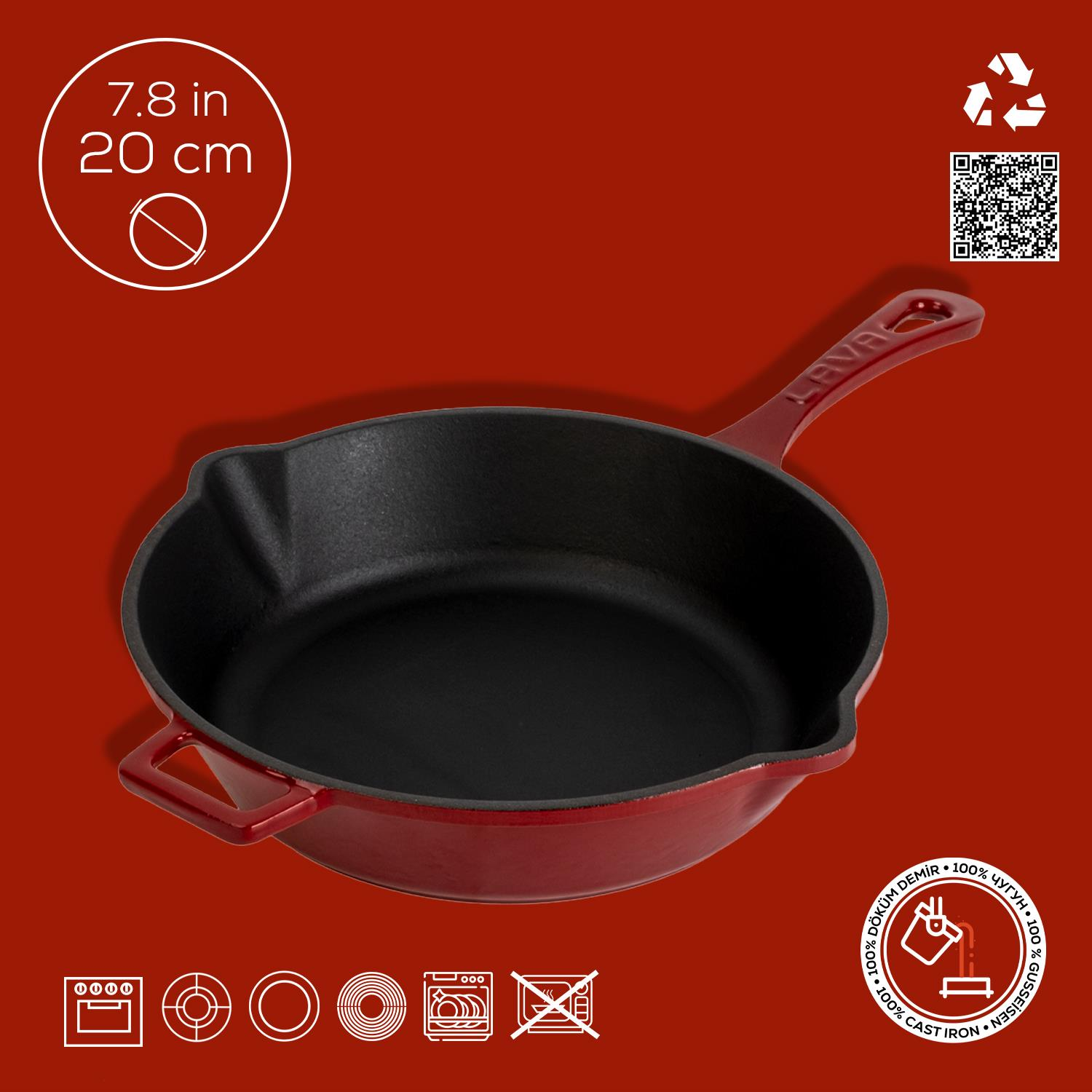 LAVA Döküm Yuvarlak Döküm Demir Yekpare Saplı. Çap 24 cm Kızartma Tavası Bordo