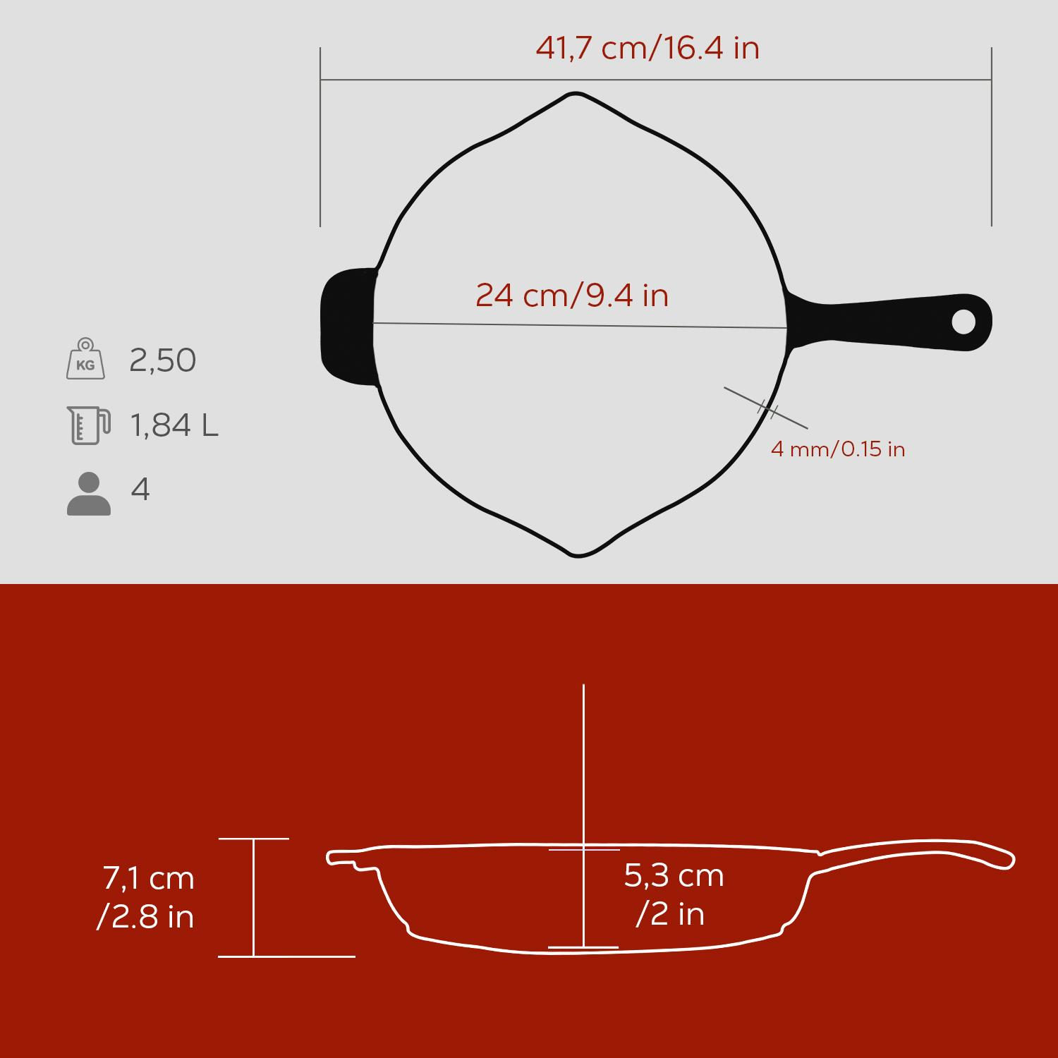 41,7 cm/16,4 in ve 24 cm/9,4 in dahil olmak üzere boyutları ve ağırlık ayrıntıları olan bir dökme demir tava. Ayrıca 2,50 kg ve 1,84 L gösterir.