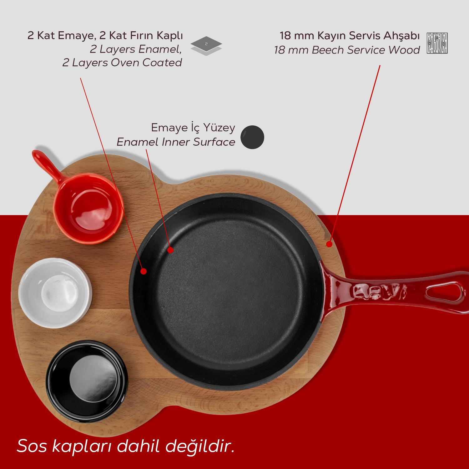 Ahşap bir tahta üzerinde üç küçük kase ile kırmızı saplı bir tava. Metin malzemeleri açıklar ve sos kaplarının dahil olmadığını belirtir.