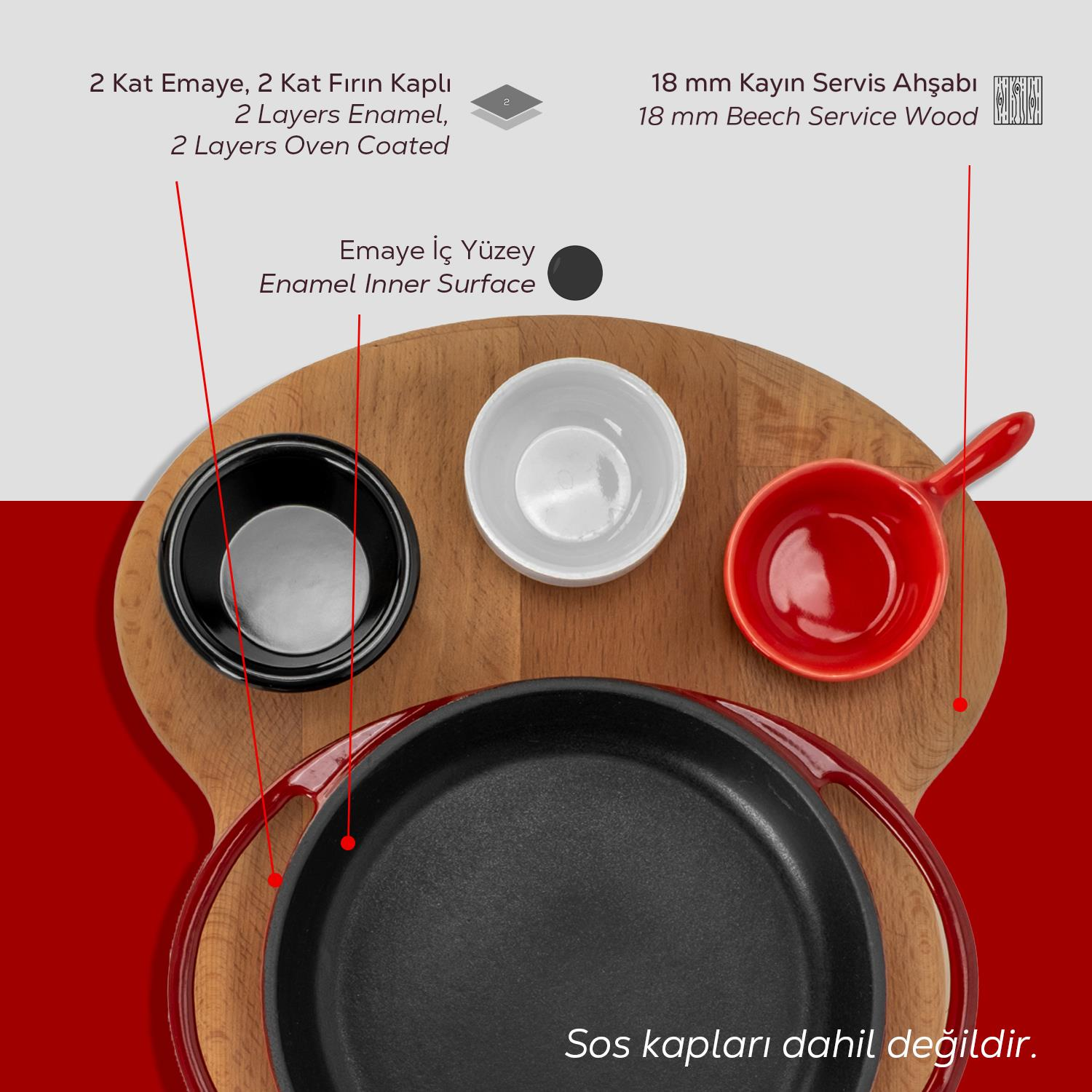 Ahşap bir servis tahtası üzerinde üç küçük kase ve bir tava var. Kaseler siyah, beyaz ve kırmızı. Tava siyahtır.