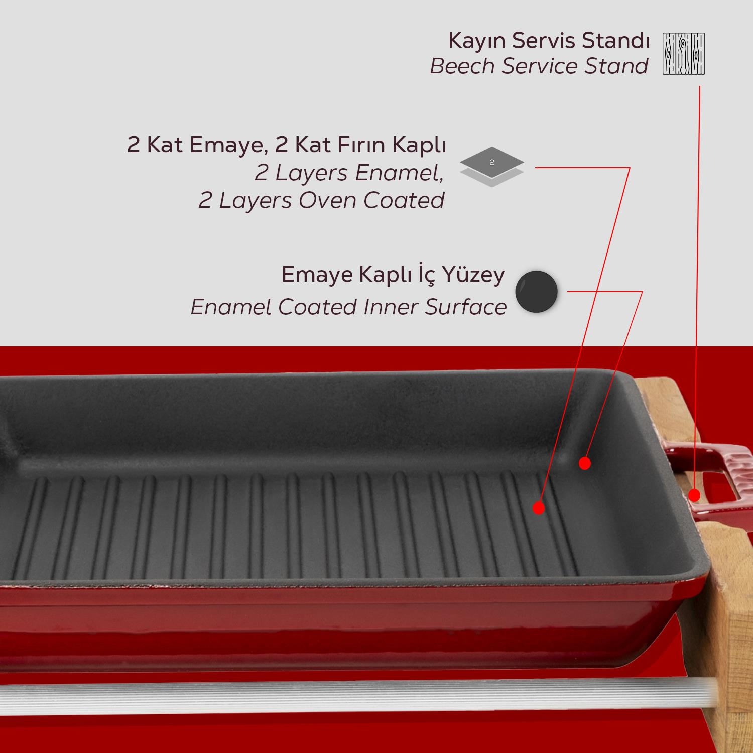 Ahşap bir stand üzerinde kırmızı bir ızgara tavası. Metin, emaye kaplı ve kayın servis standı olduğunu gösteriyor.
