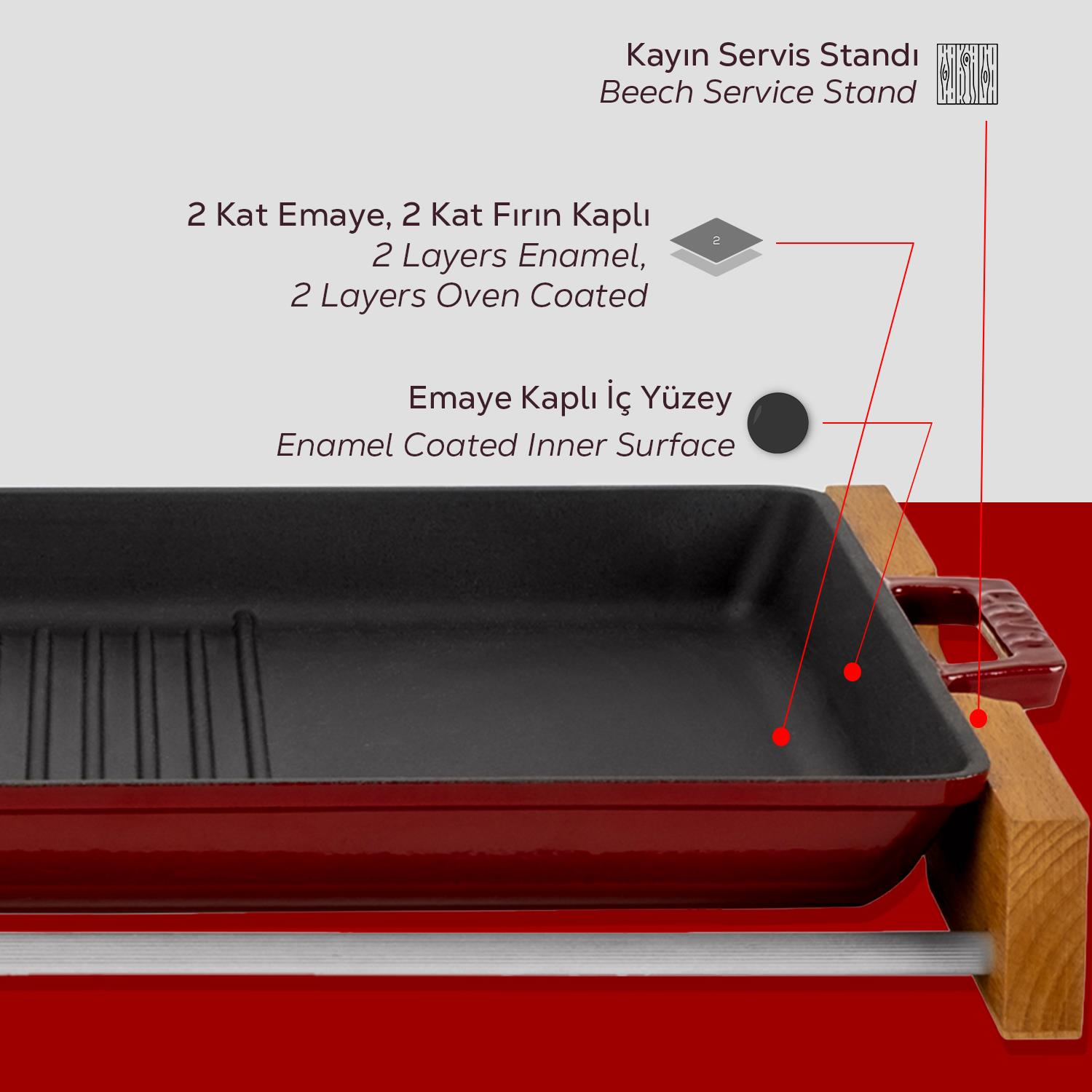 Kırmızı-kahverengi emaye servis tepsisi kayın ağacından yapılmış bir stand üzerinde, Türkçe ve İngilizce açıklamalarla.