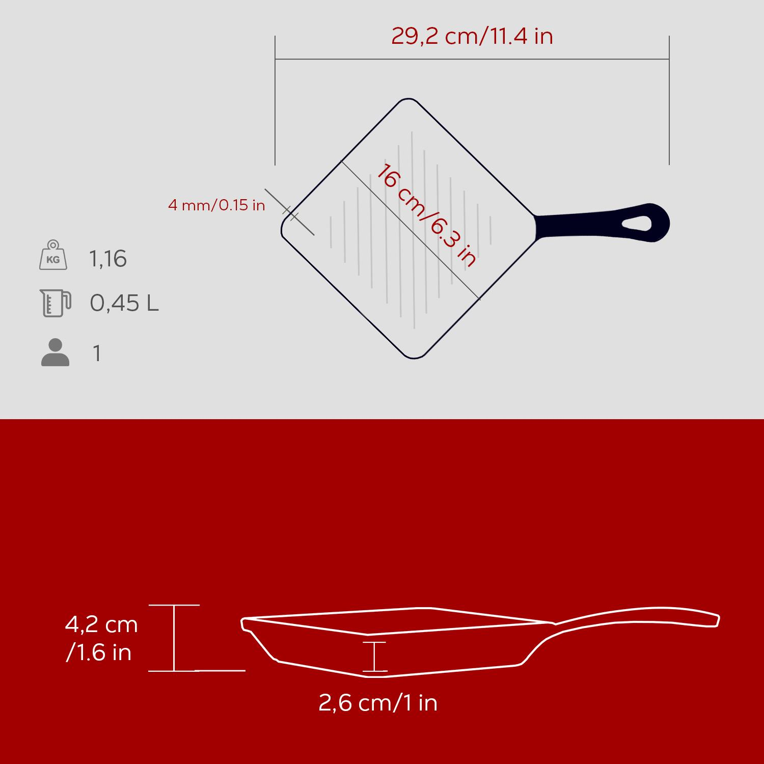 Boyutları, ağırlığı (1,16 kg) ve kapasitesi (0,45 L) olan kare bir tavaya ait diyagram. Ölçüler cm/in cinsindendir.