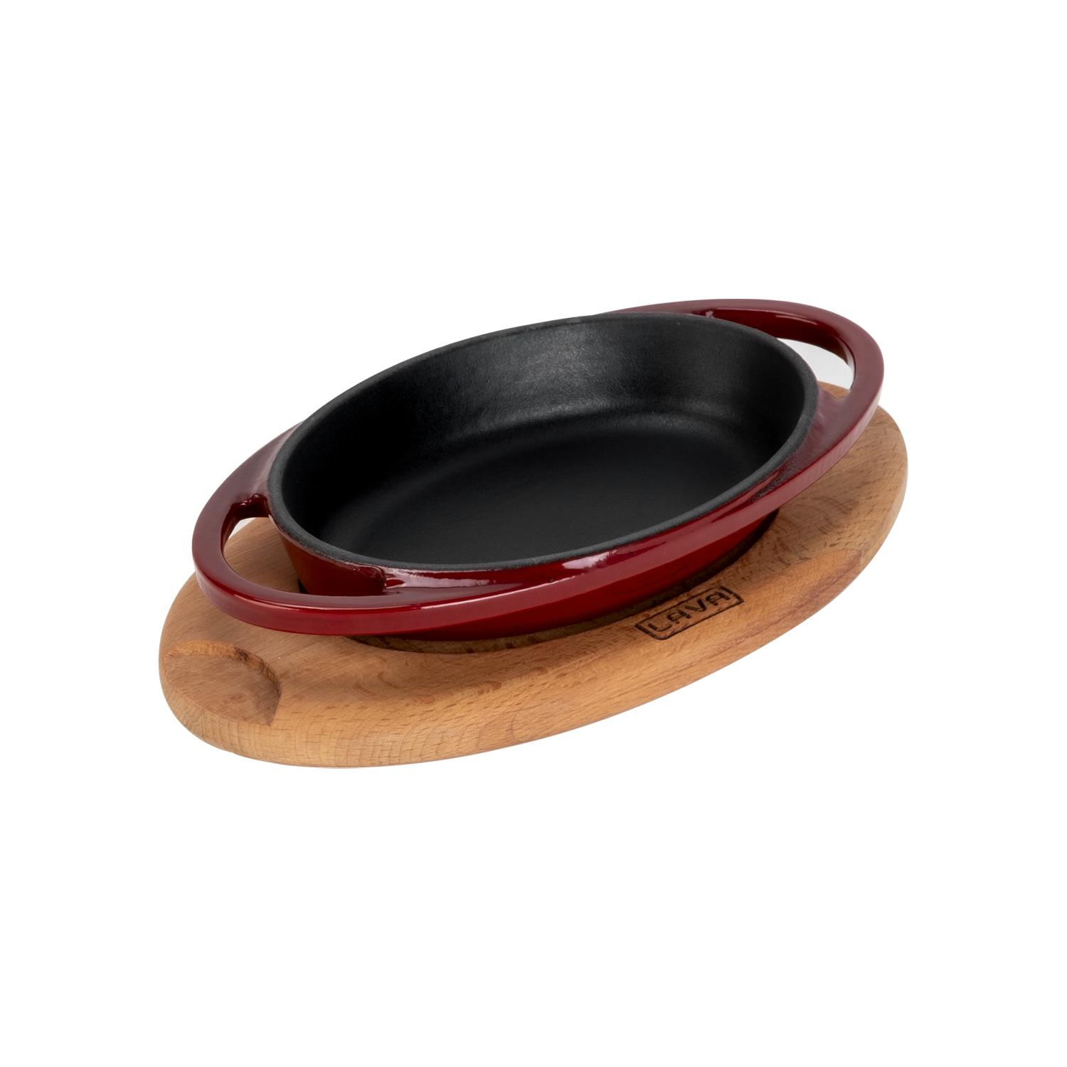LAVA Döküm Oval Döküm Demir Yekpare Çift Kulplu Kayın Servis Ahşabı Ölçü 15x10cm Sahan Bordo