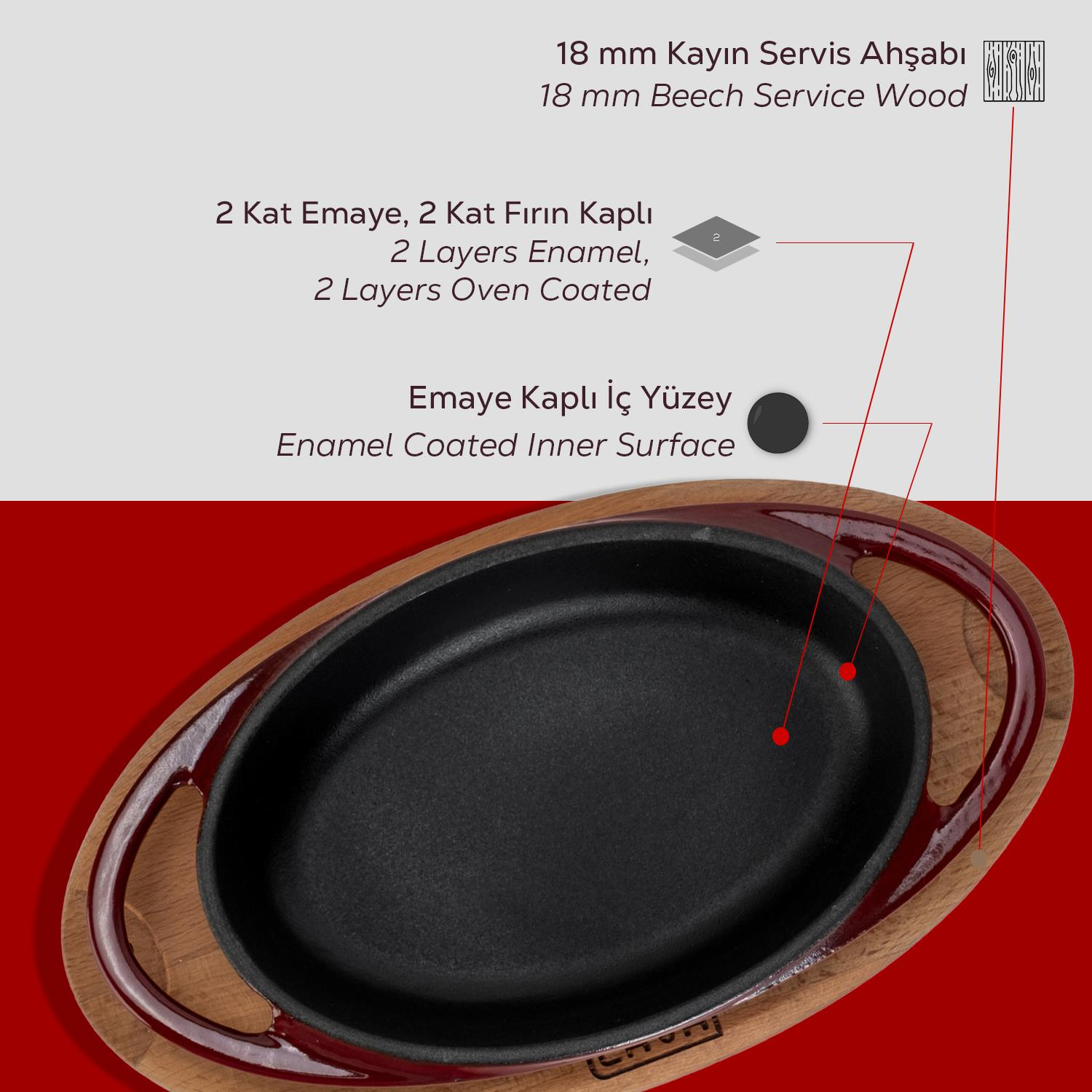 Ahşap taban üzerinde dökme demir servis tabağı. Tabak siyahtır, taban ahşap rengindedir ve kulplar koyu kırmızıdır.