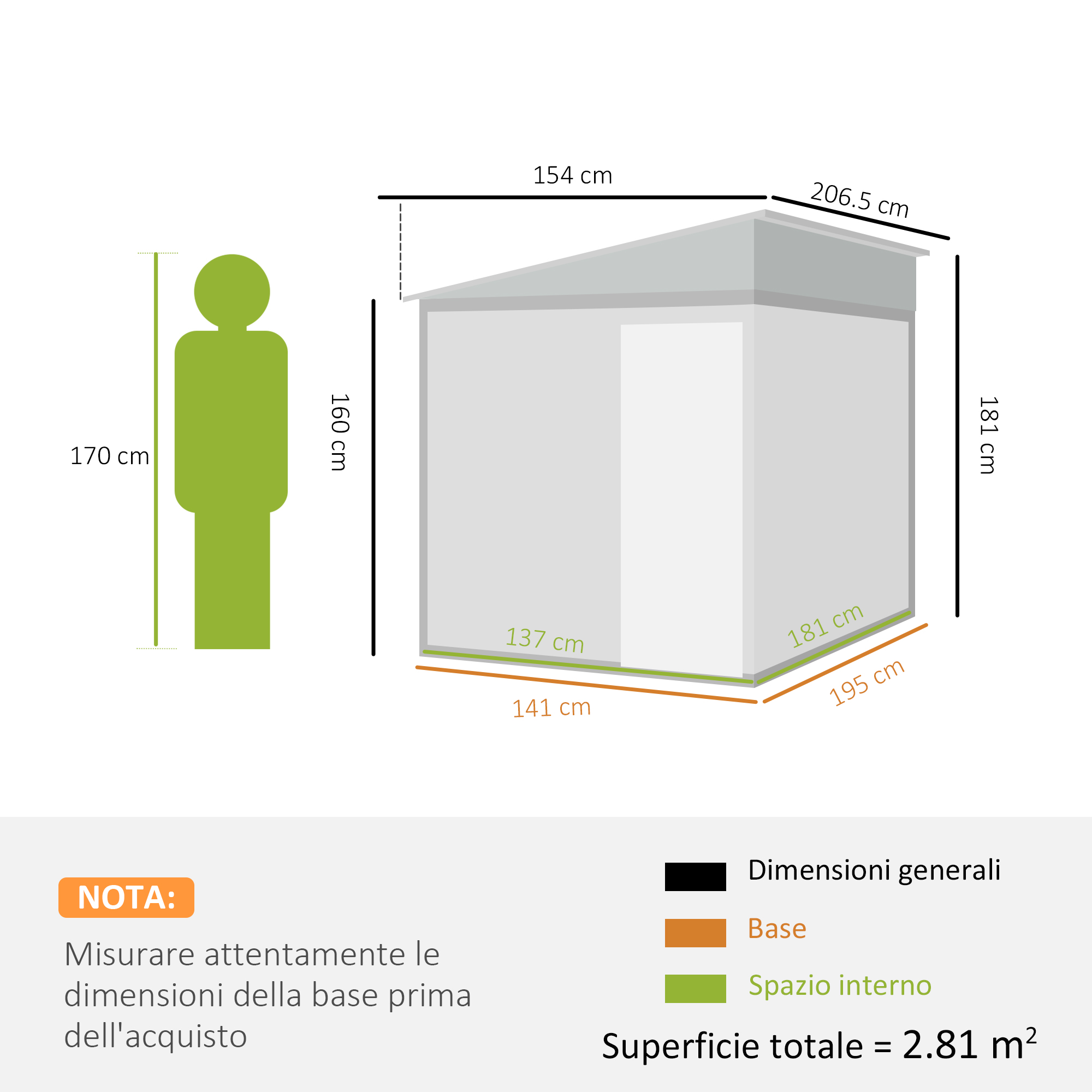 Diagramma di una struttura con dimensioni in cm. Include un'icona di persona. Sono visibili anche le etichette per le dimensioni, la base e lo spazio interno.