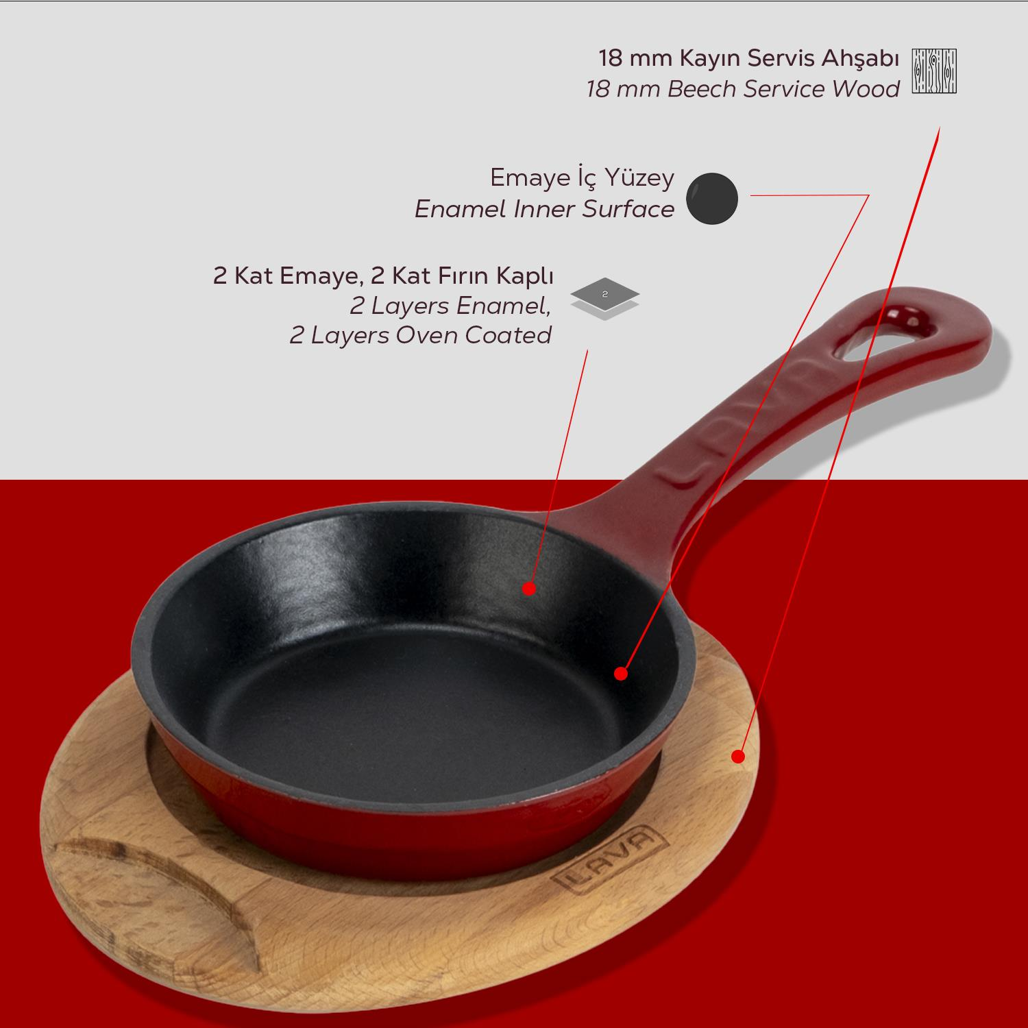 LAVA Döküm Yuvarlak Yekpare Saplı Kayın Servis Ahşabı. Çap 12 cm Kızartma Tavası Bordo