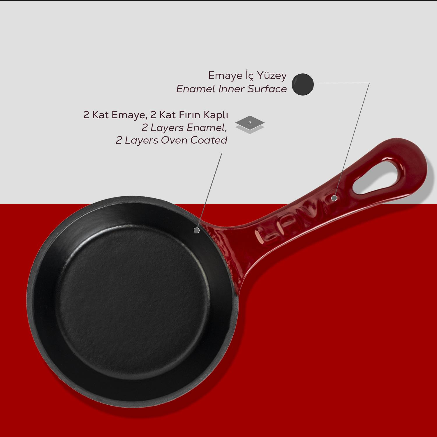Kırmızı saplı siyah bir tava, özelliklerini açıklayan metinle. Tava koyu bir iç mekana sahip ve kırmızı bir arka plan üzerinde duruyor.