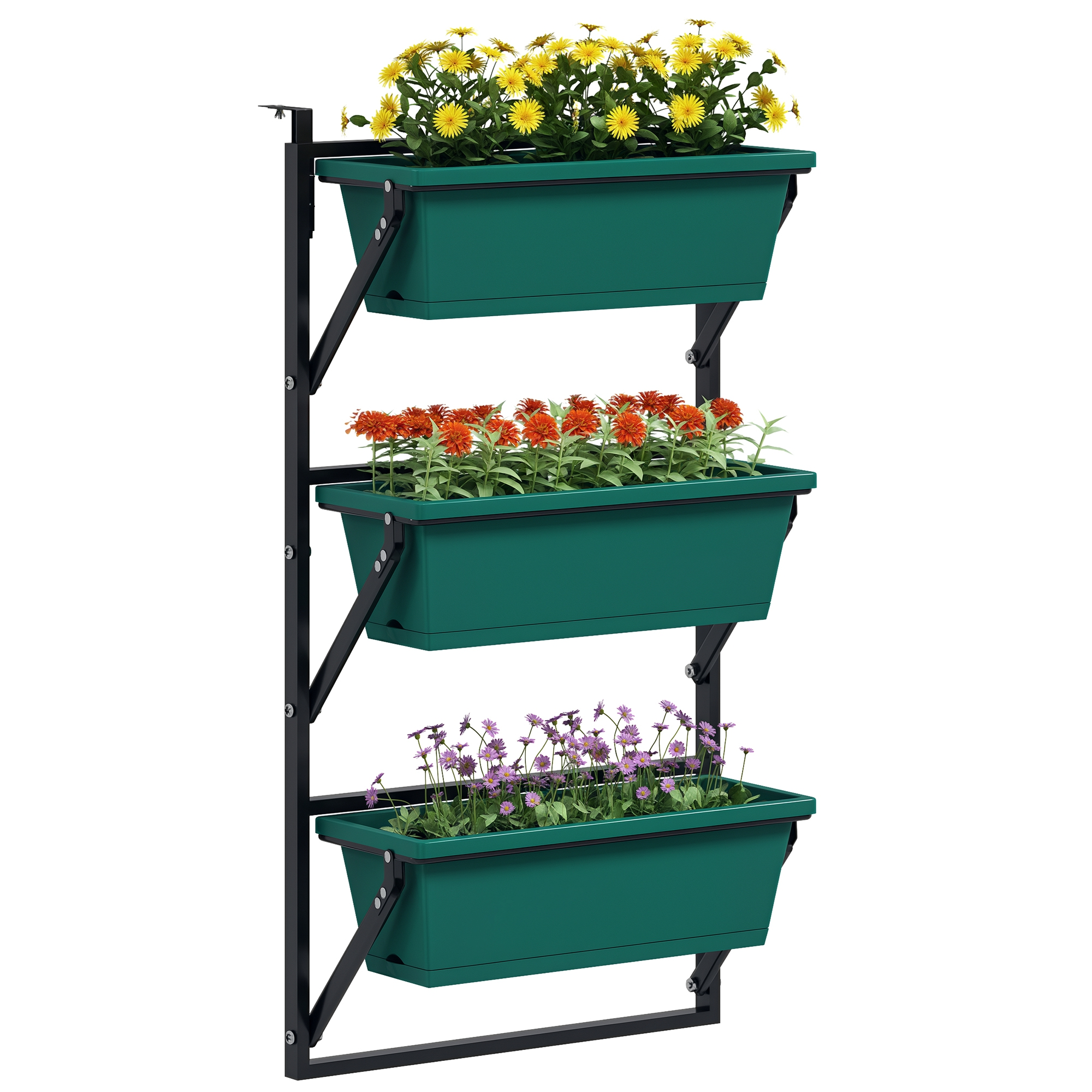 Giardino verticale con tre fioriere verdi e fiori: gialli, arancioni e viola. Struttura in metallo nero su sfondo bianco.