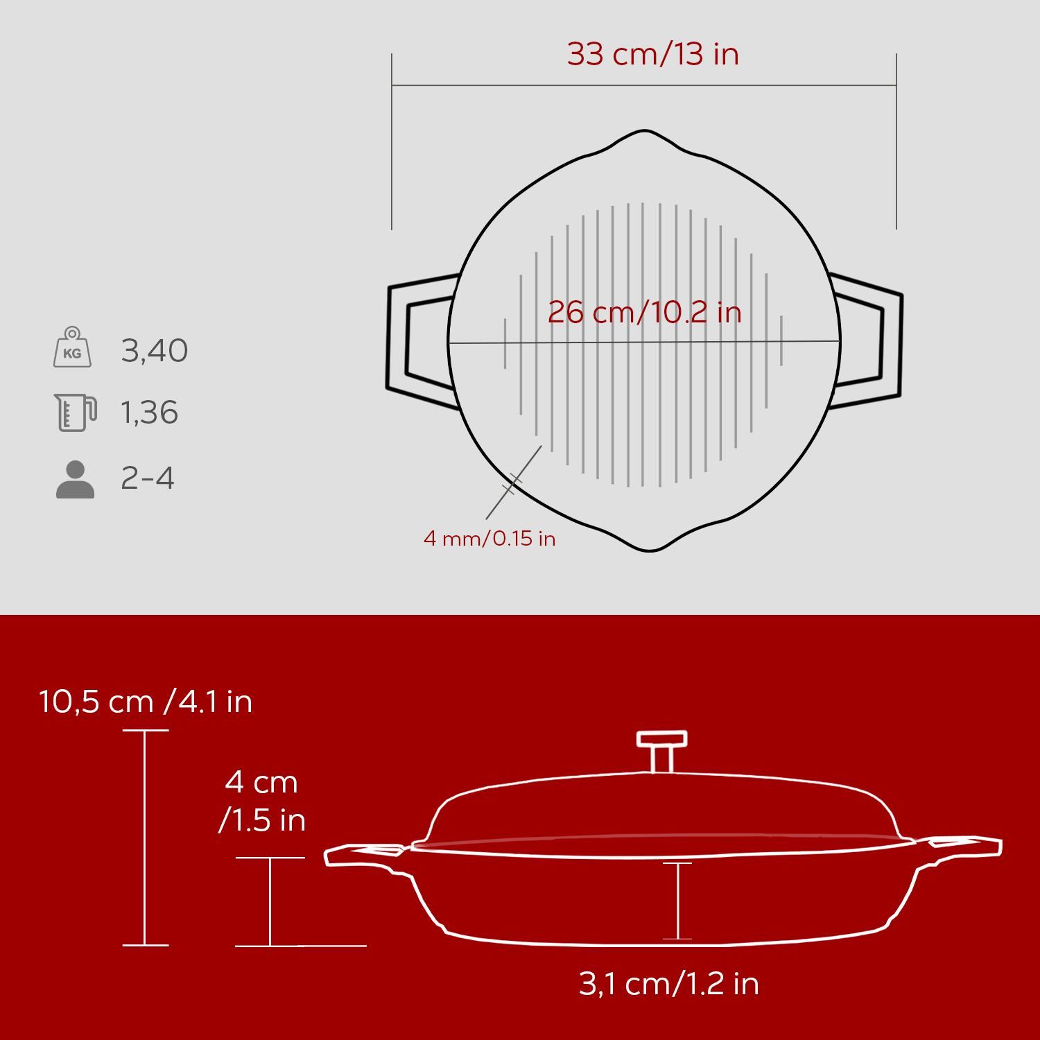 Ölçüleri ve özellikleri ile kırmızı bir tencerenin diyagramı: 33 cm, 26 cm, 4 mm, 10,5 cm, 4 cm, 3,1 cm ve kapasite.