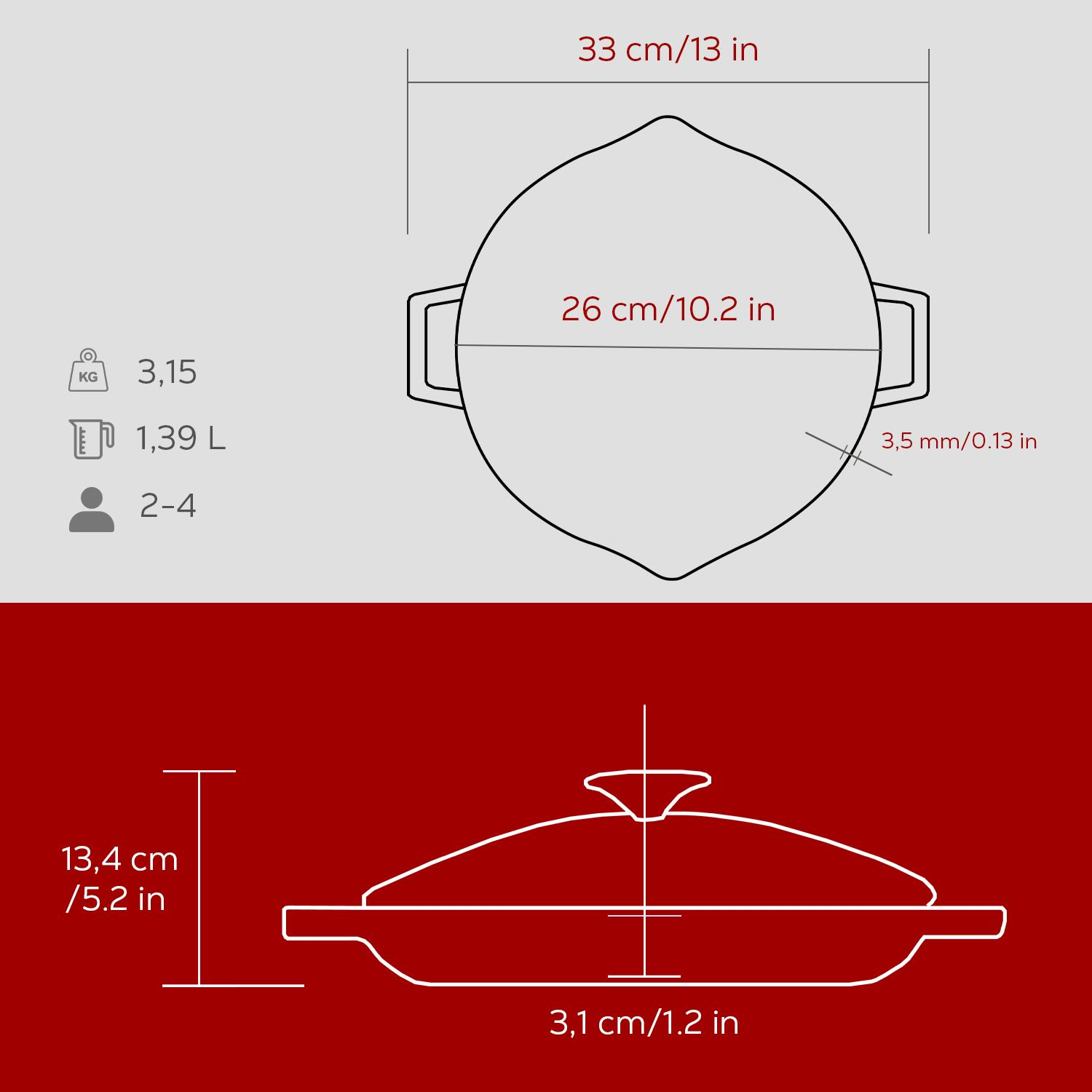 Boyutları ve kapasitesi olan bir tavanın diyagramı: 33cm/13in genişliğinde, 26cm/10.2in çapında, 1.39L kapasiteli, 3.15kg ağırlığında.