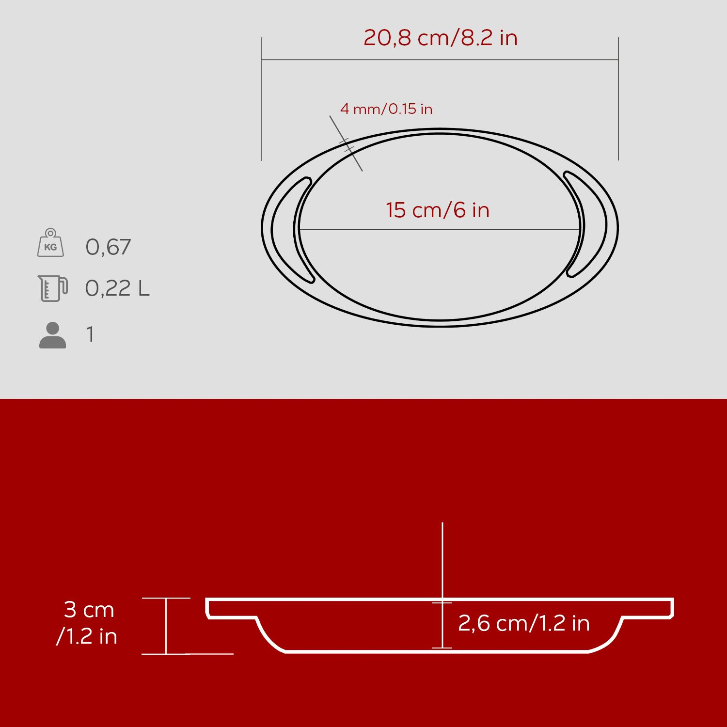 Boyutları olan oval bir tavanın diyagramı. Tavanın boyutunu cm ve inç cinsinden, ağırlığını ve hacmini gösterir. Kırmızı arka plan.