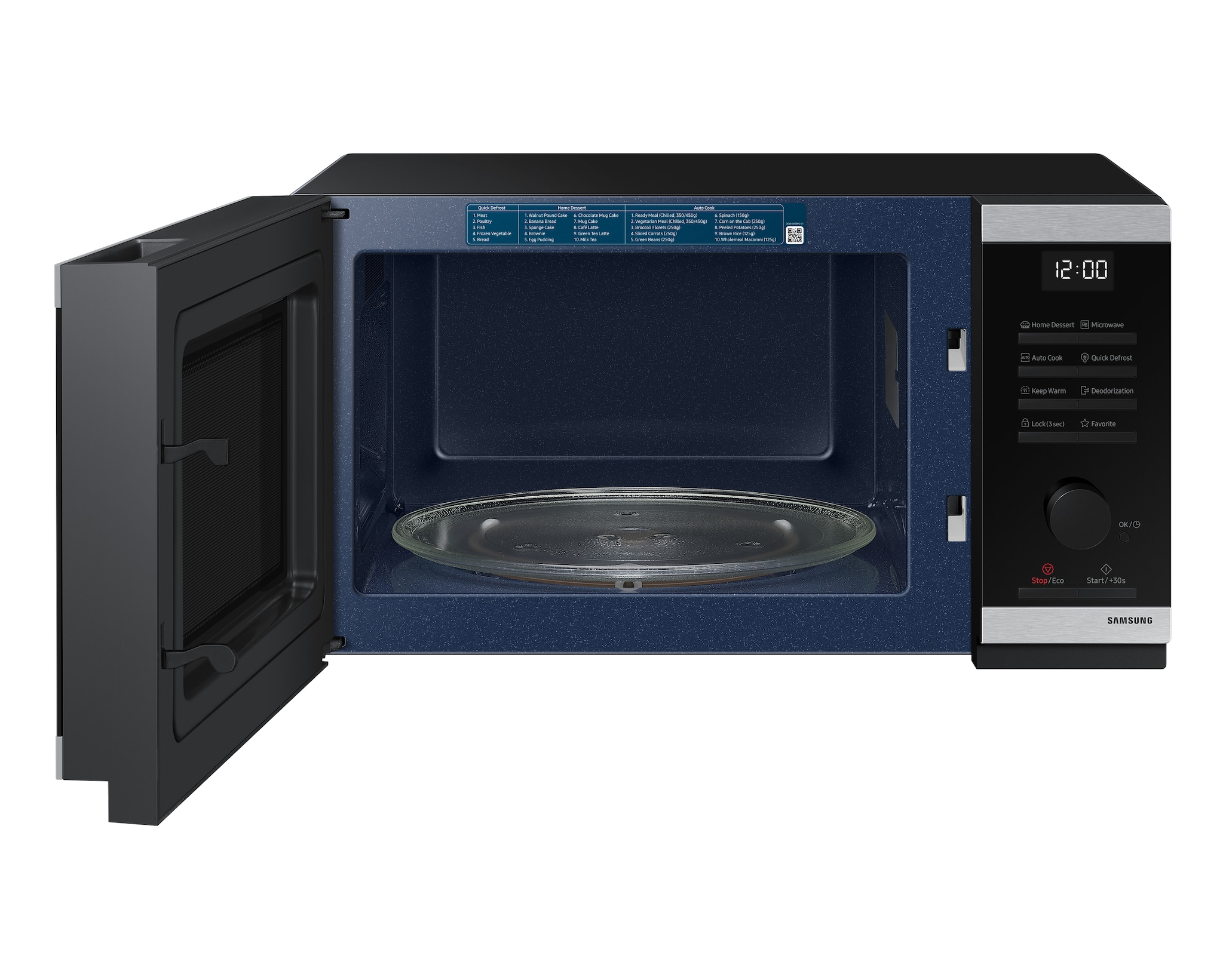 Un forno a microonde Samsung con la porta aperta. All'interno c'è un piatto di vetro. Comandi a destra.