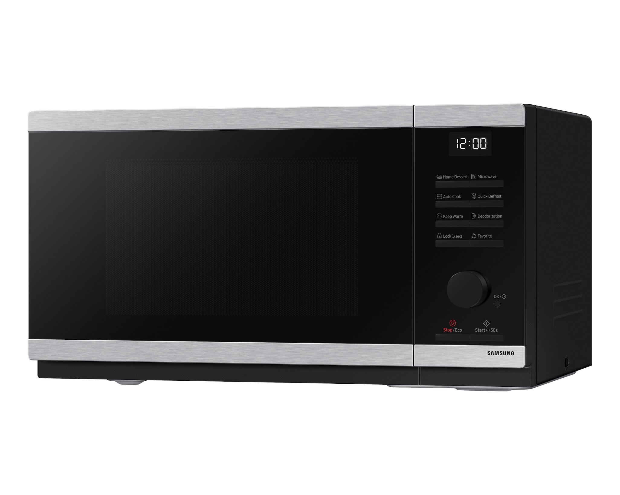 Un forno a microonde Samsung con frontale nero e finiture argentate. Sullo schermo viene visualizzato 12:00.