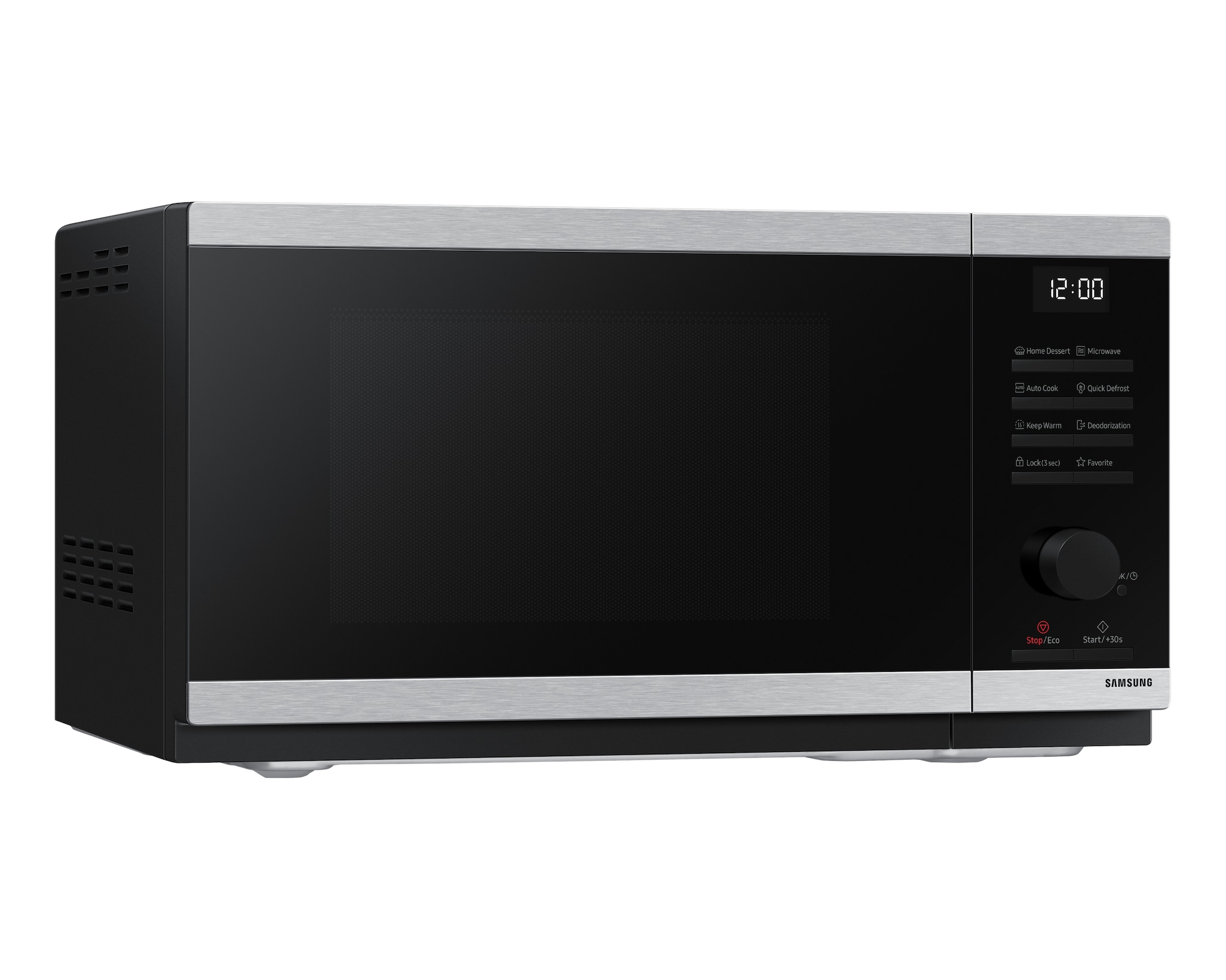 Un forno a microonde Samsung con porta nera, finiture argentate e orologio digitale che indica le 12:00. Pannello di controllo a destra.