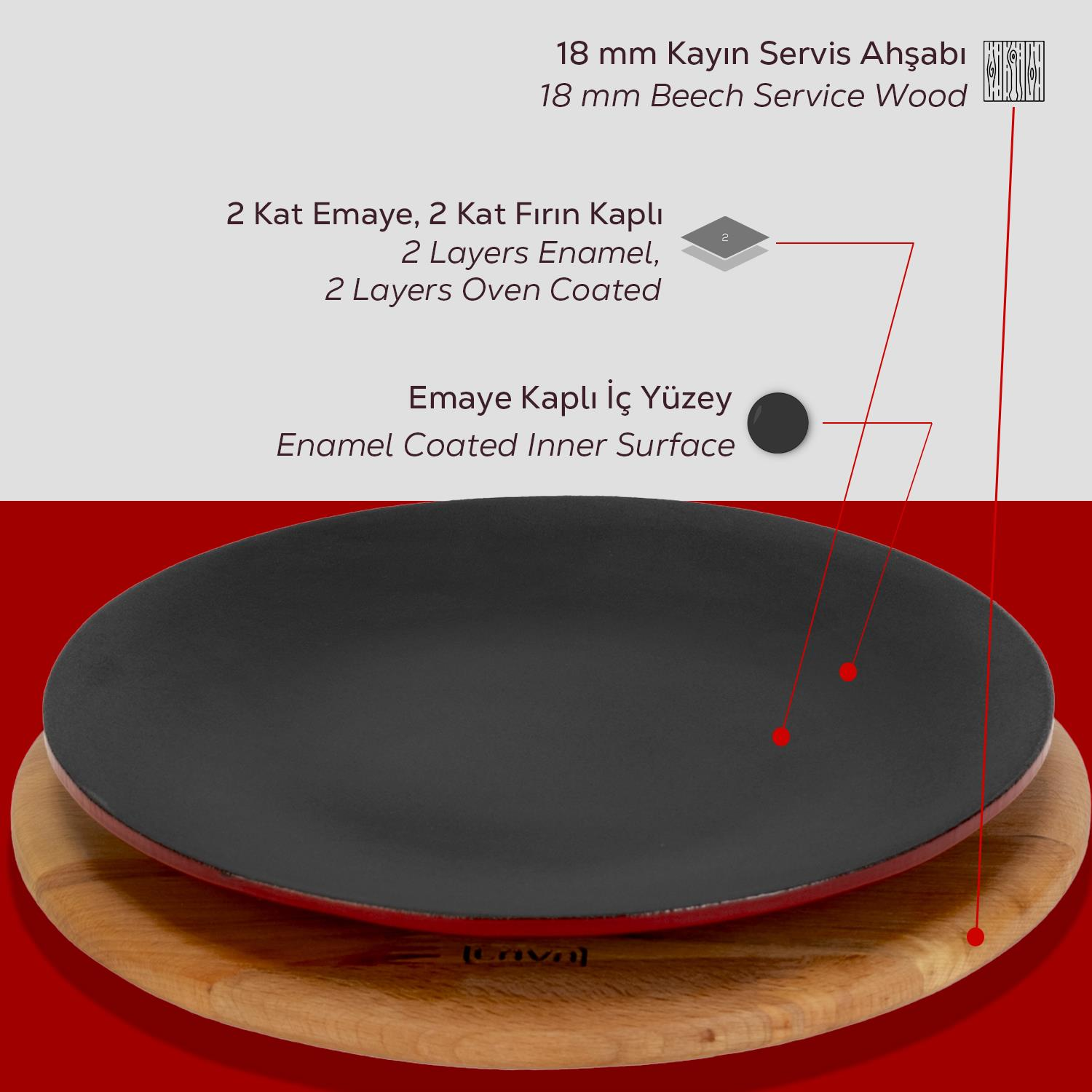 Ahşap taban üzerinde yuvarlak, siyah emaye kaplı bir servis tabağı. Metin malzemeleri açıklar: kayın ağacı, emaye kaplama.