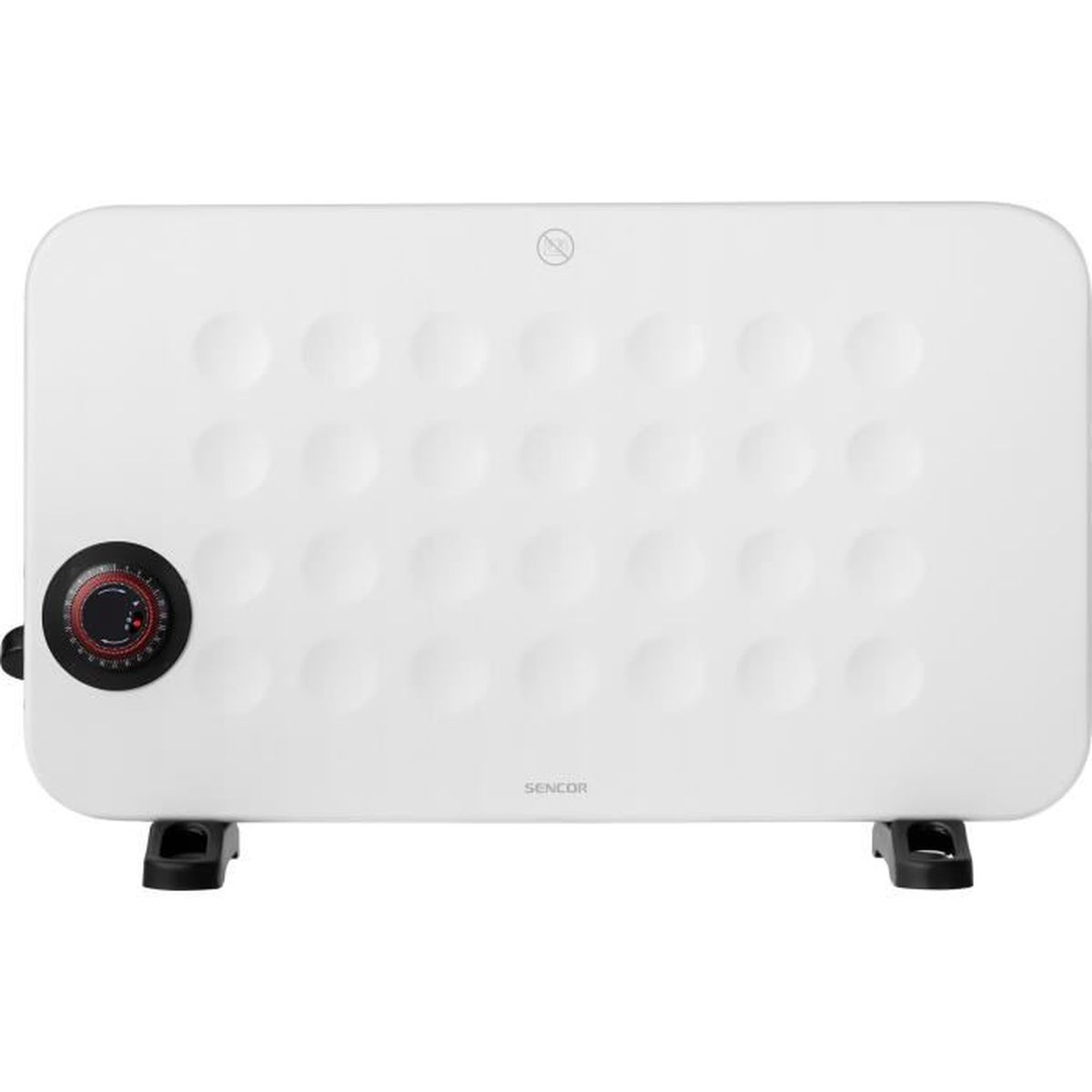 Termoventilatore elettrico bianco con manopola di controllo nera e piedini neri. La superficie ha motivi a pois e un logo del marchio.