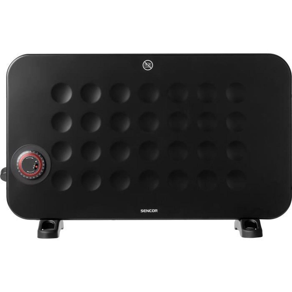 Un calefactor eléctrico Sencor negro con una perilla, rejillas circulares y dos pies pequeños. El logotipo de la marca es visible.
