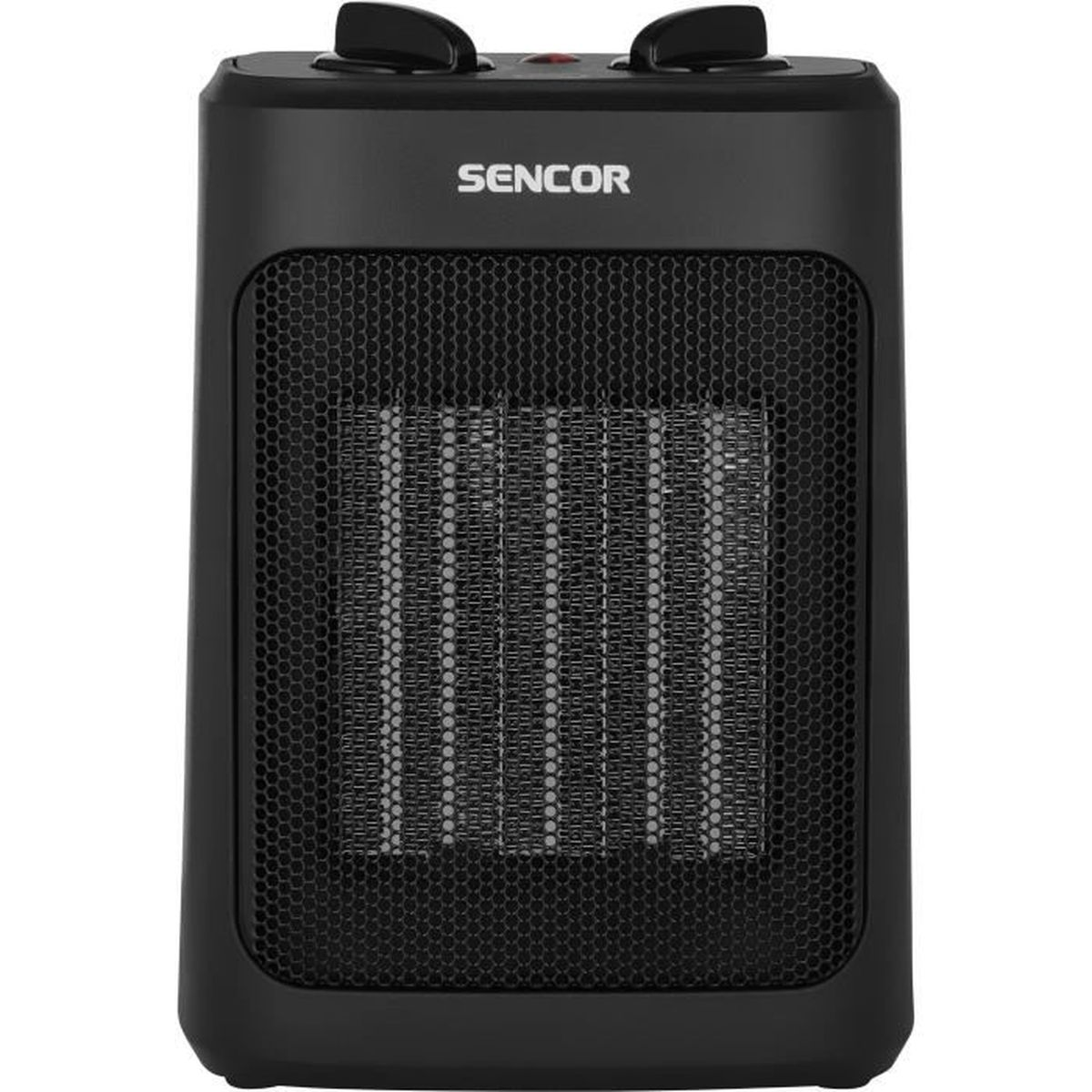 Calentador espacial Sencor negro con rejilla de panal y dos perillas superiores. La marca es visible al frente.