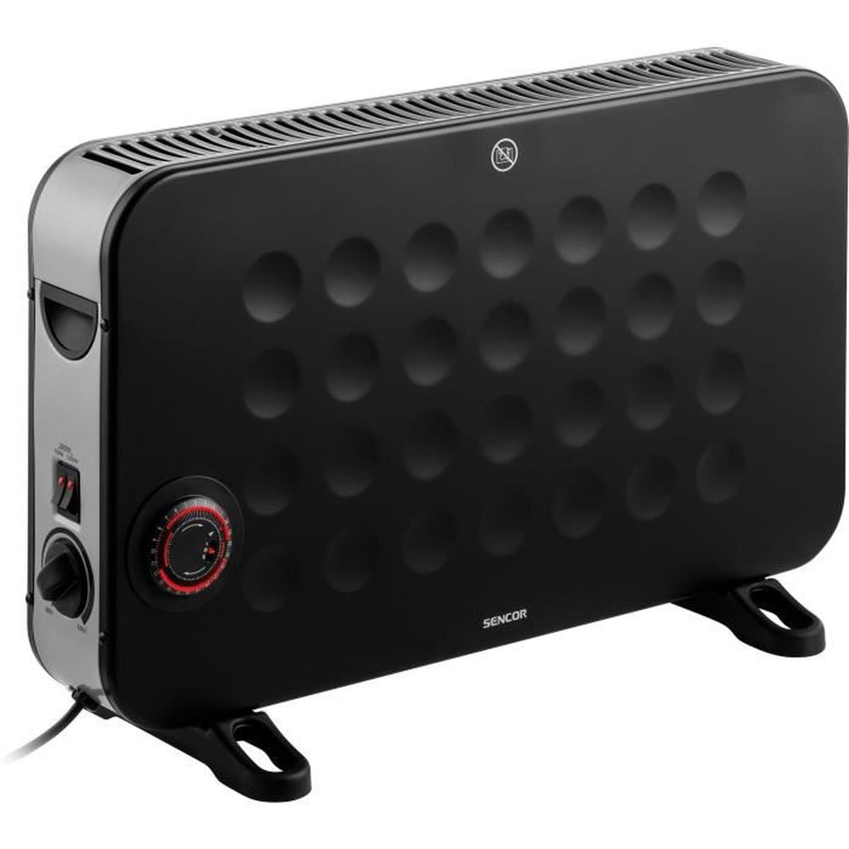 Calentador eléctrico negro con hoyuelos redondos, laterales plateados y un dial rojo. Tiene un cable de alimentación y se apoya en dos patas.