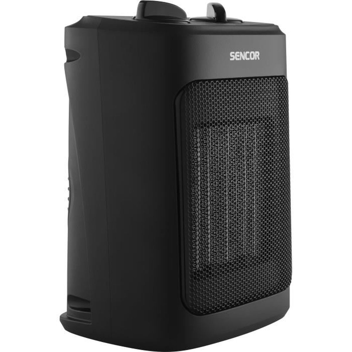 Un calefactor eléctrico Sencor negro. Tiene una parte frontal de malla, un control superior y un diseño curvo. El fondo es blanco.