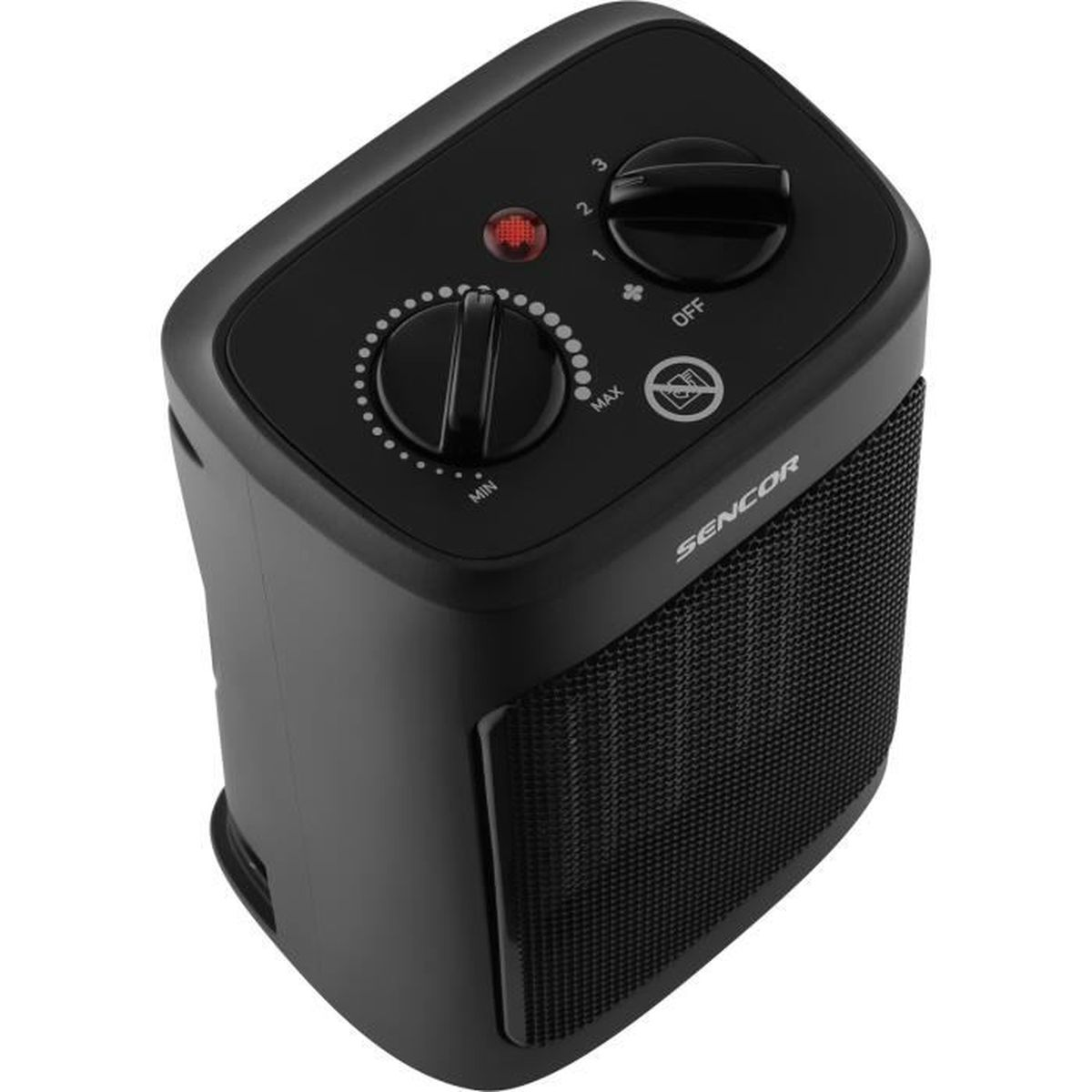 Calentador espacial Sencor negro. Tiene perillas de control para calor y potencia. La parte delantera tiene una rejilla de malla. Una luz roja está encendida.