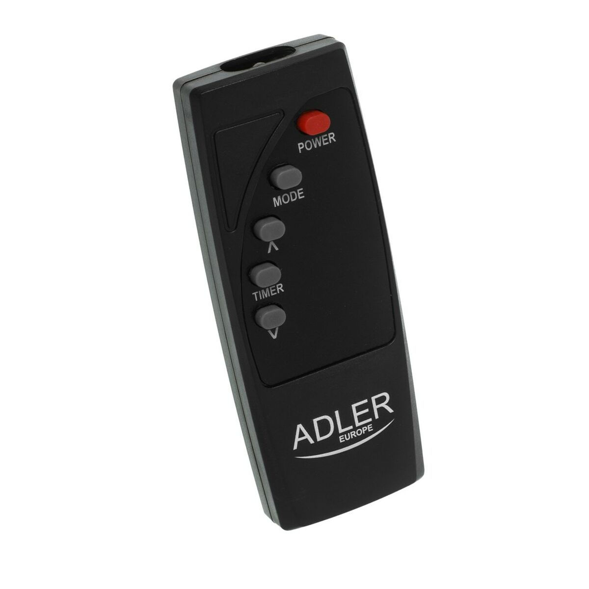 Un mando a distancia negro con botones de encendido, modo y temporizador. La marca ADLER está en la parte inferior, y el fondo es blanco.