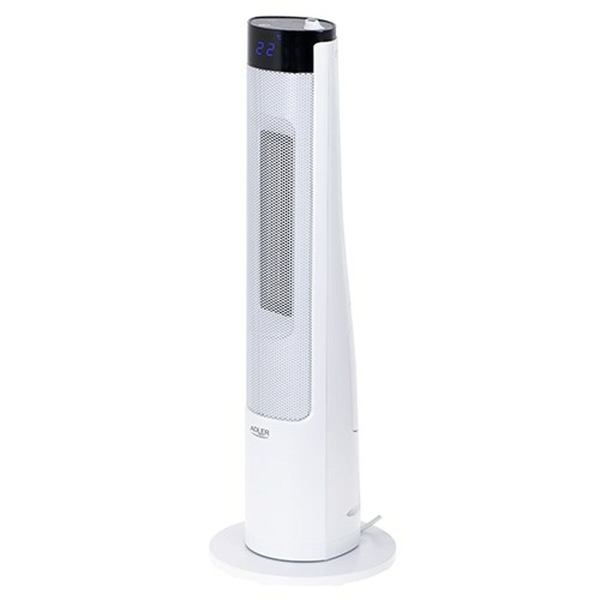 Un ventilador de torre blanco con parte superior negra muestra 22. Tiene una parte frontal de malla y una base redonda. La marca es Adler.