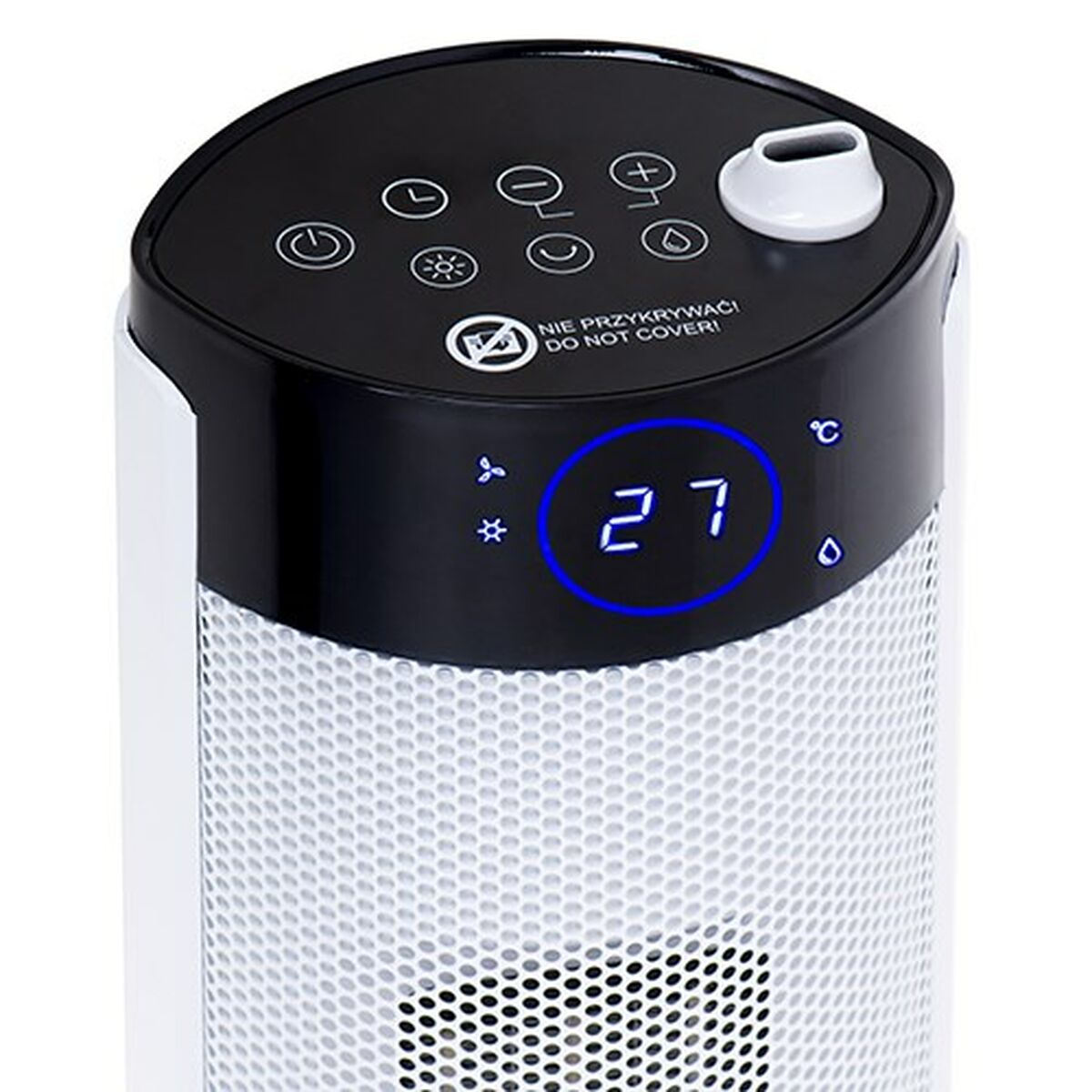 Un calentador eléctrico blanco y negro con una pantalla digital que muestra 27 grados. Tiene botones de control y una etiqueta de advertencia.