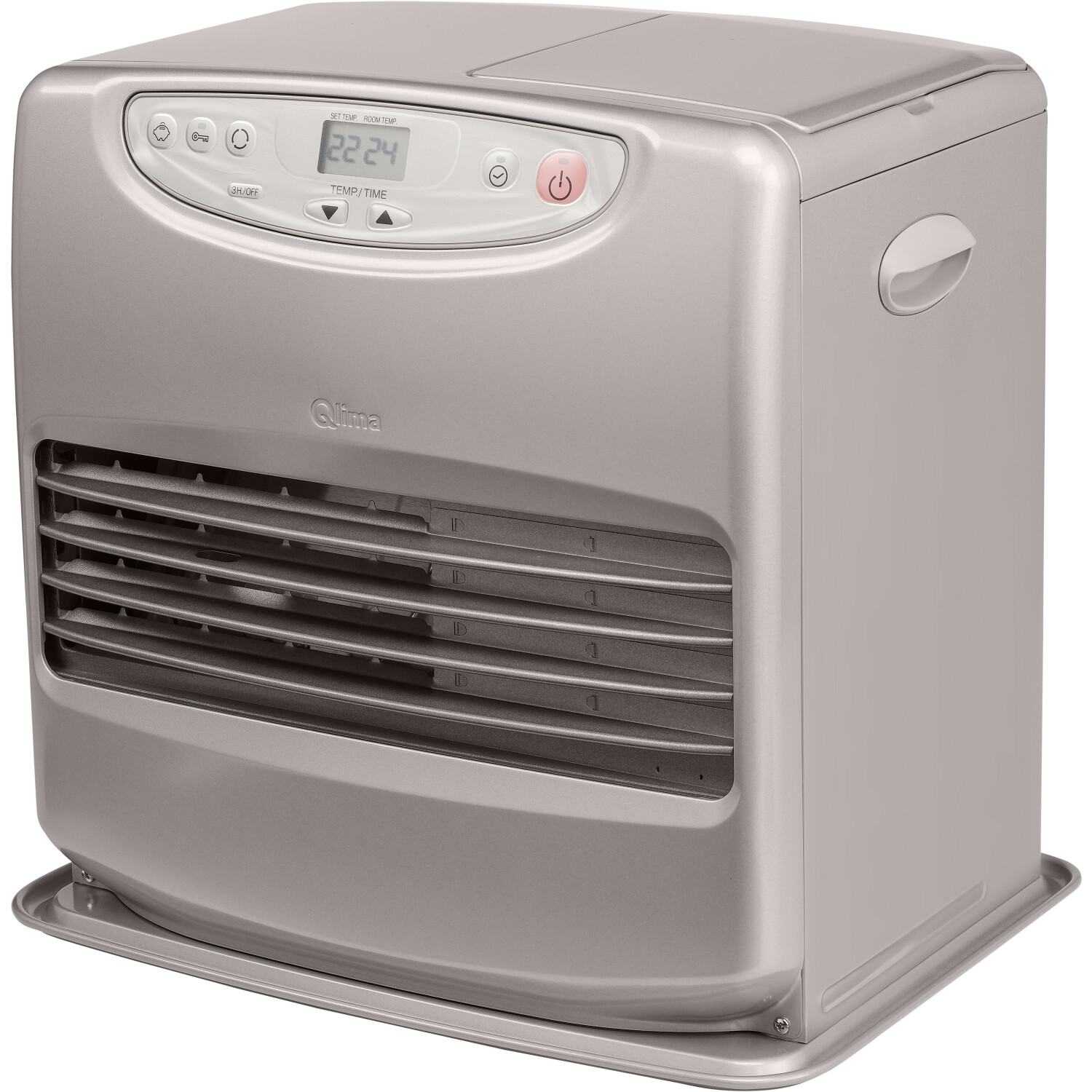 Ein silbergrauer Heizlüfter mit digitaler Temperaturanzeige. Er hat einen Ein-/Ausschalter und Luftschlitze.