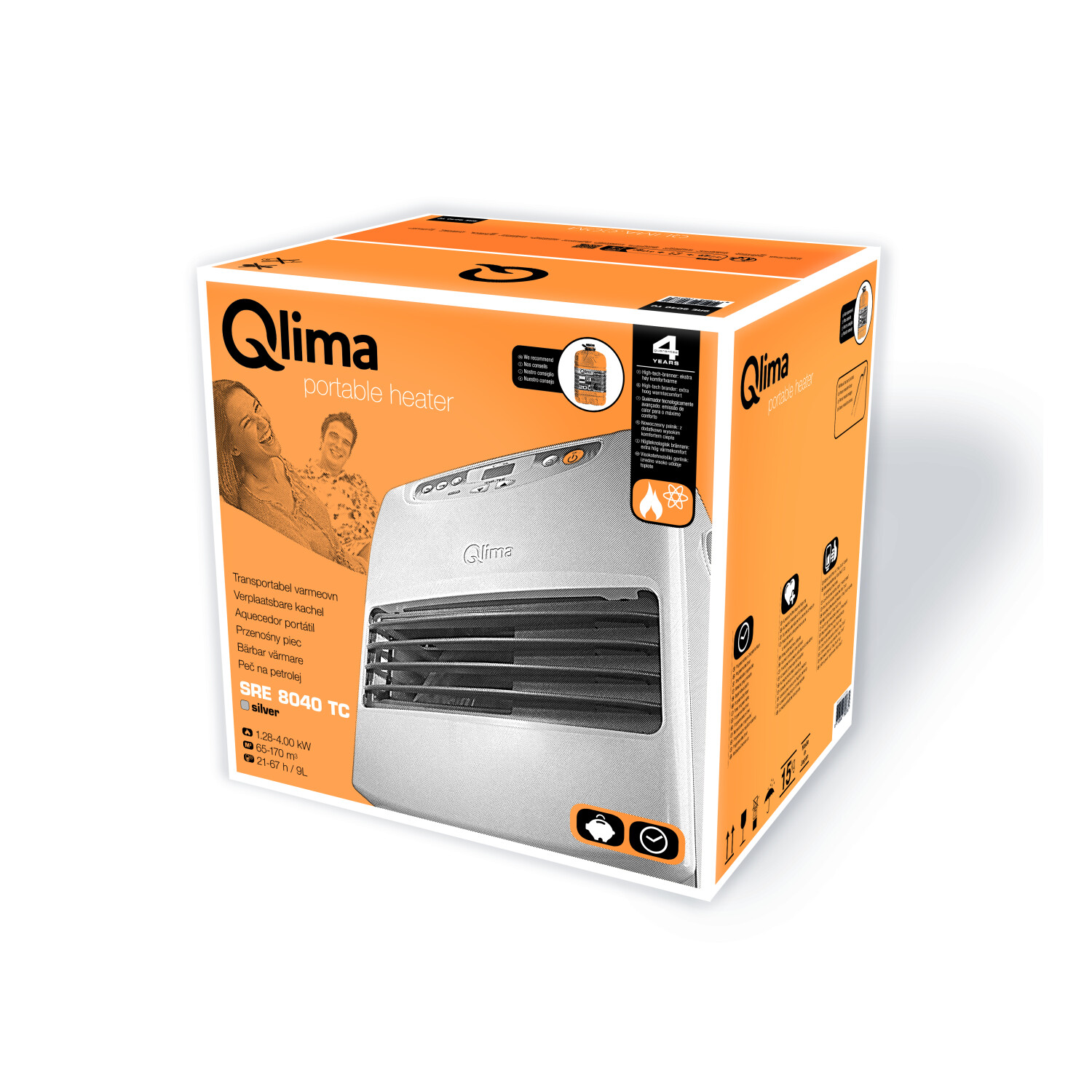Eine Qlima-Heizbox. Die Box ist orange und weiß, mit dem sichtbaren Heizgerät. Text enthält Modell und Spezifikationen.