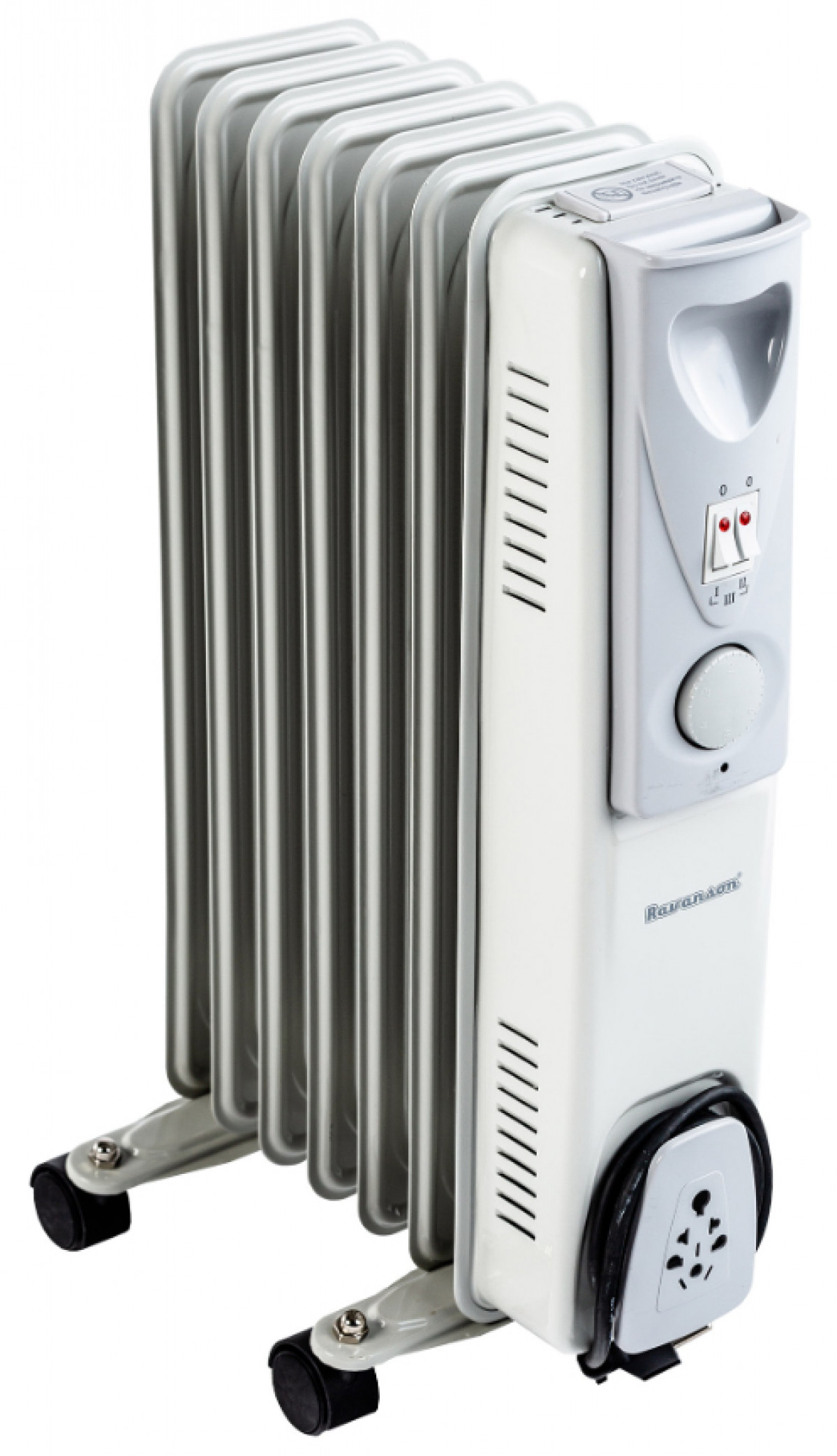 Un radiatore a olio. È bianco e grigio, con più alette. Ha un pannello di controllo e ruote per un facile movimento.