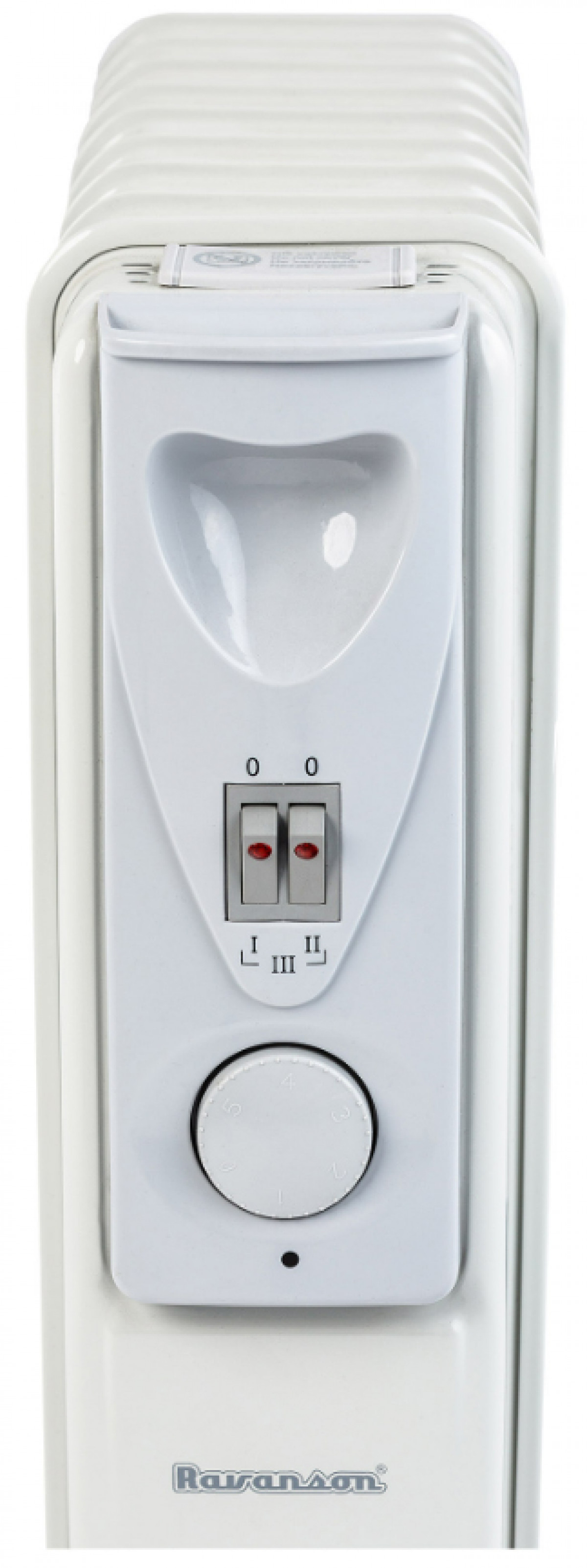 Radiatore elettrico bianco. Ha interruttori, un quadrante e il marchio Ravanson. Il radiatore è bianco.