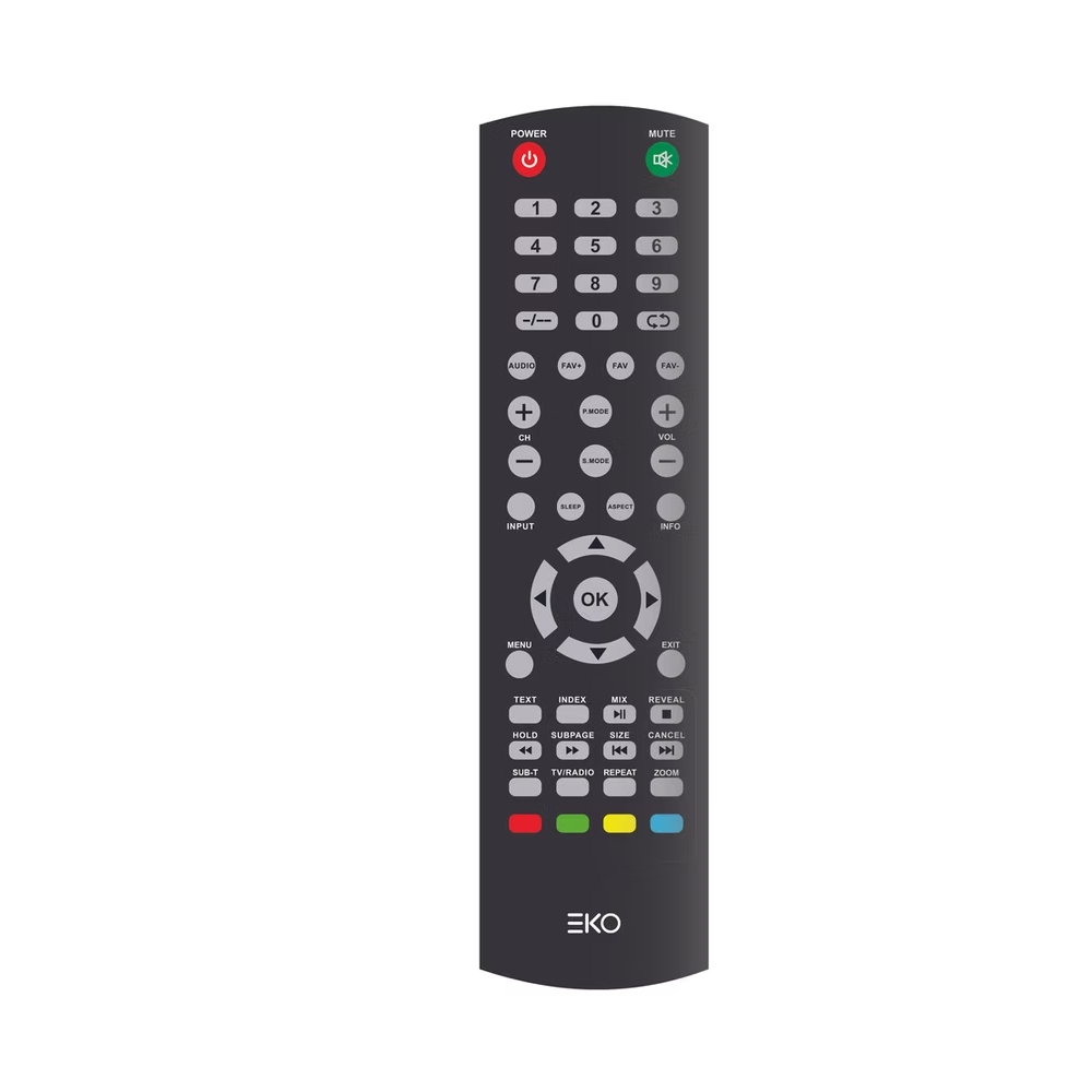 Un telecomando EKO nero con vari pulsanti, tra cui accensione, numeri, volume e menu, su sfondo bianco.