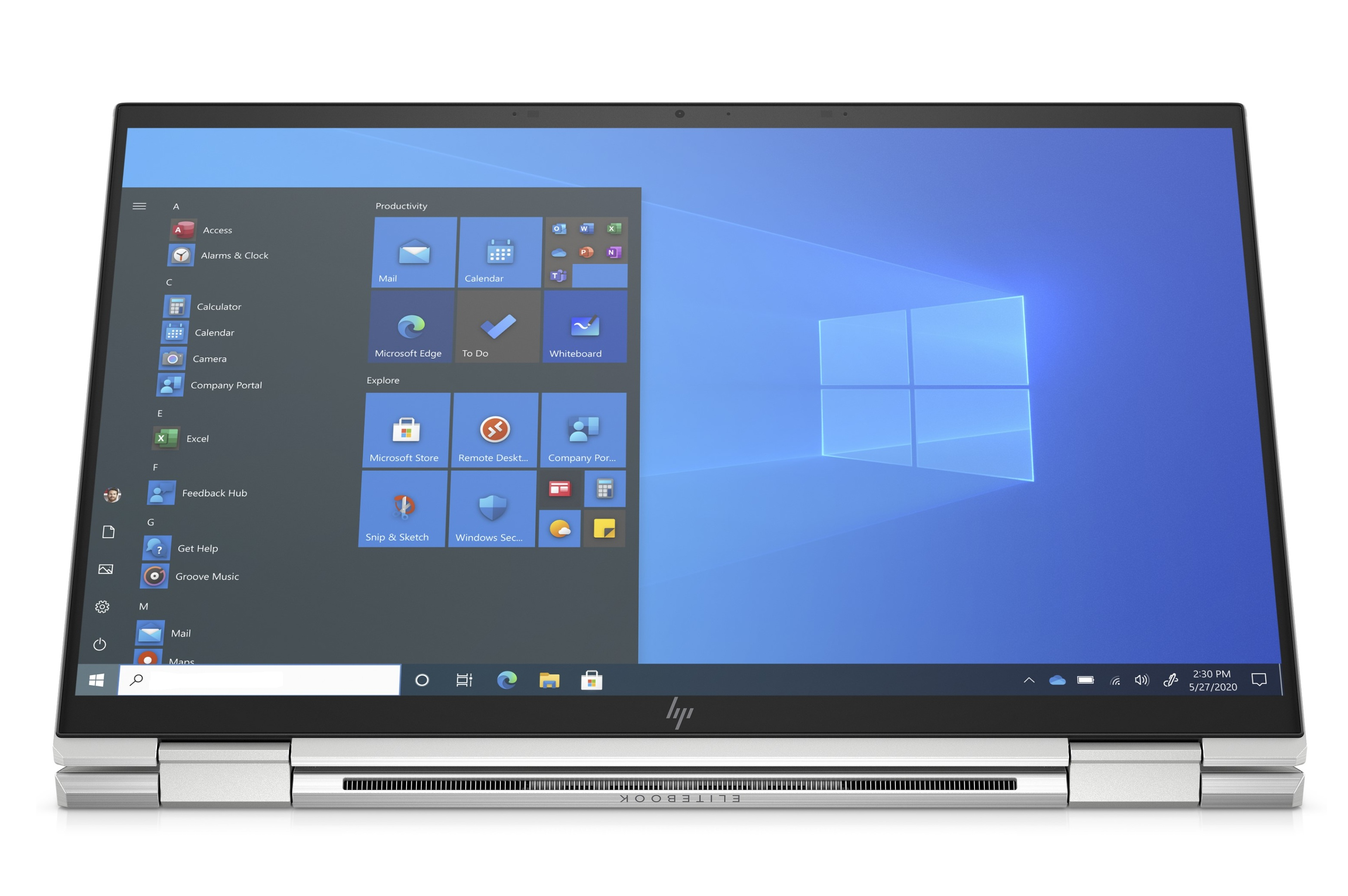 Ein Laptop mit Windows 10-Oberfläche. Apps wie Mail, Kalender und Microsoft Edge sind auf dem Bildschirm sichtbar.