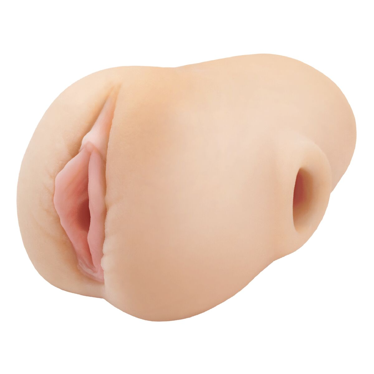 Ein fleischfarbenes, künstliches weibliches Genitalmodell. Es hat eine sichtbare Vulva und ein Loch, mit hellrosa Innenraum.