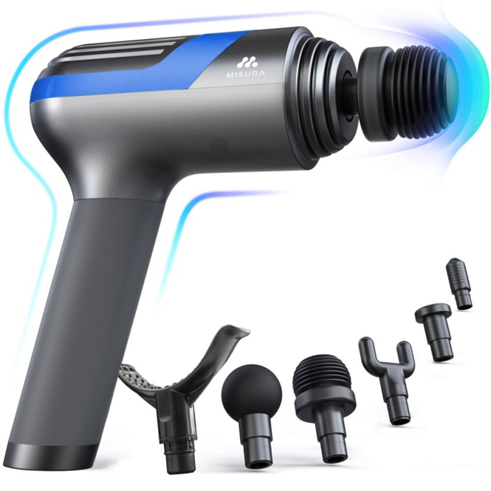 Szaro-niebieski pistolet do masażu Misura z kilkoma czarnymi głowicami. Pistolet ma uchwyt i znajduje się na białym tle.