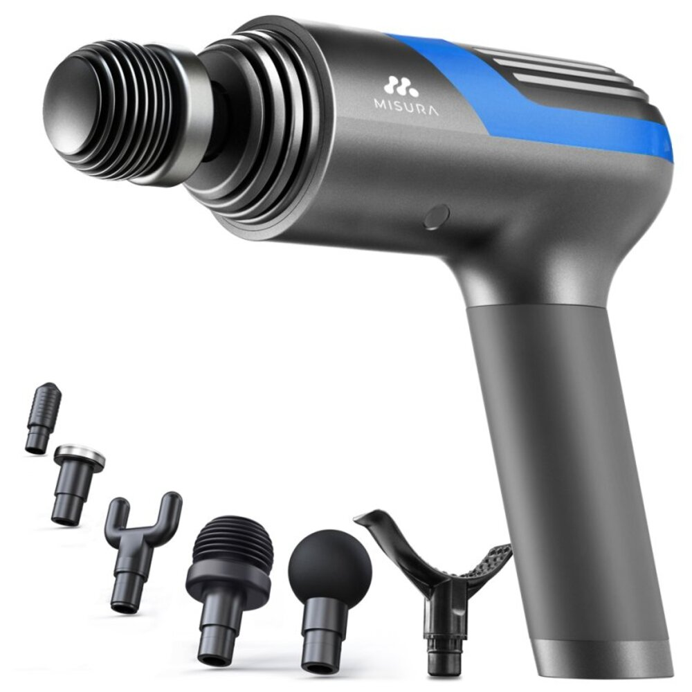 Szary i niebieski pistolet do masażu z różnymi nasadkami. Nasadki są czarne. Marka to MISURA.