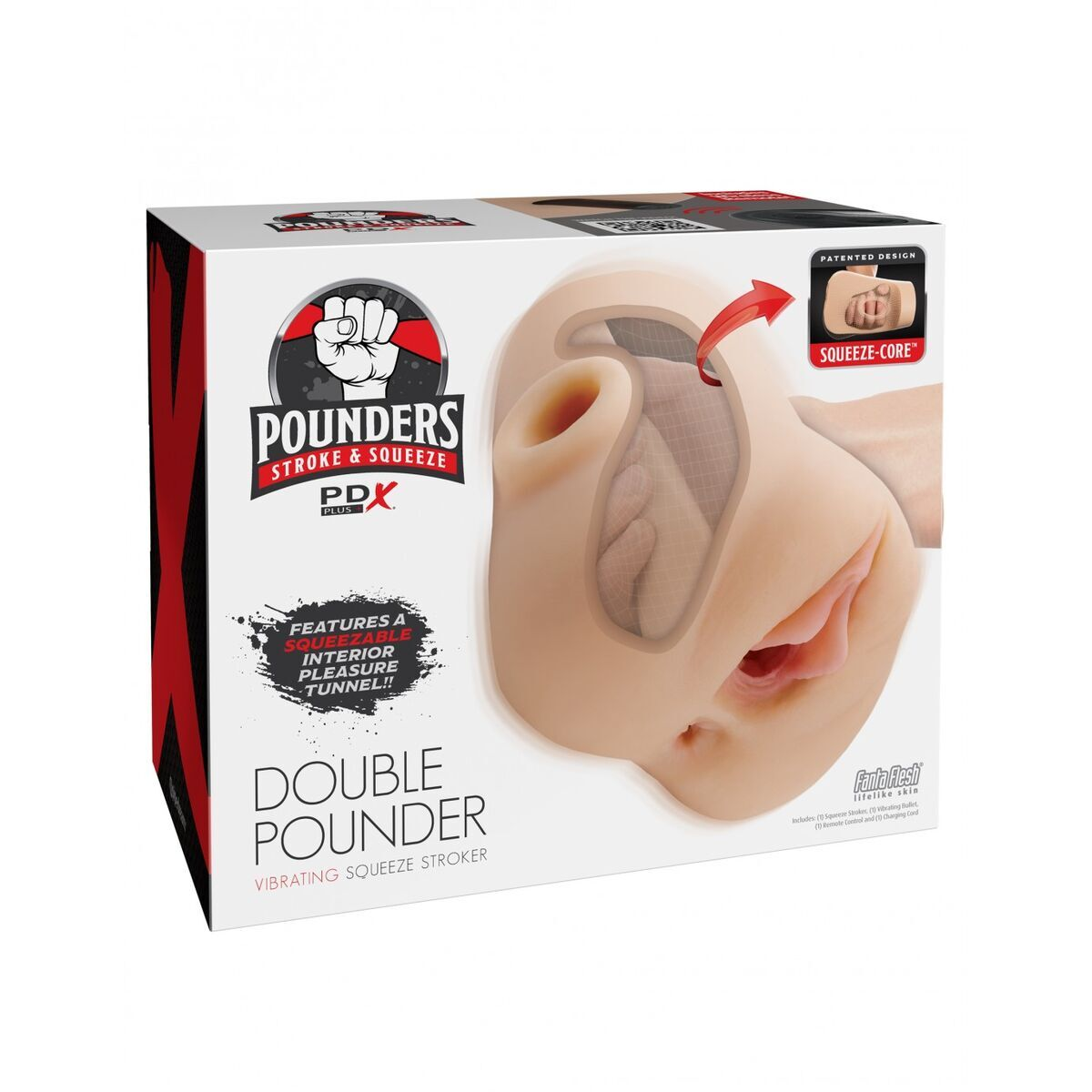Die Box zeigt einen Double Pounder Vibrator. Er hat einen fleischigen Innentunnel und ein Squeeze-Core-Design. Das Produkt dient dem Vergnügen.